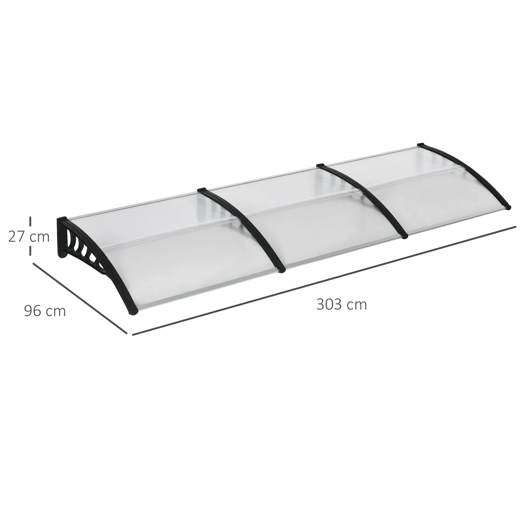 Modern Canopy in Polycarbonate, Aluminum and PP for Balconies, Windows and Doors, 303x96x27 cm, Black and Transparent - Image 3