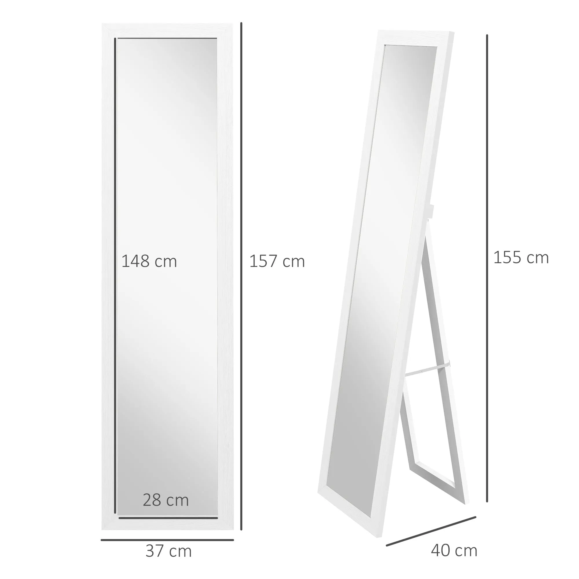 Mirror with MDF Frame with Feet and Hooks for Wall or Wall Mounted Use, 37x40x155 cm - Image 3