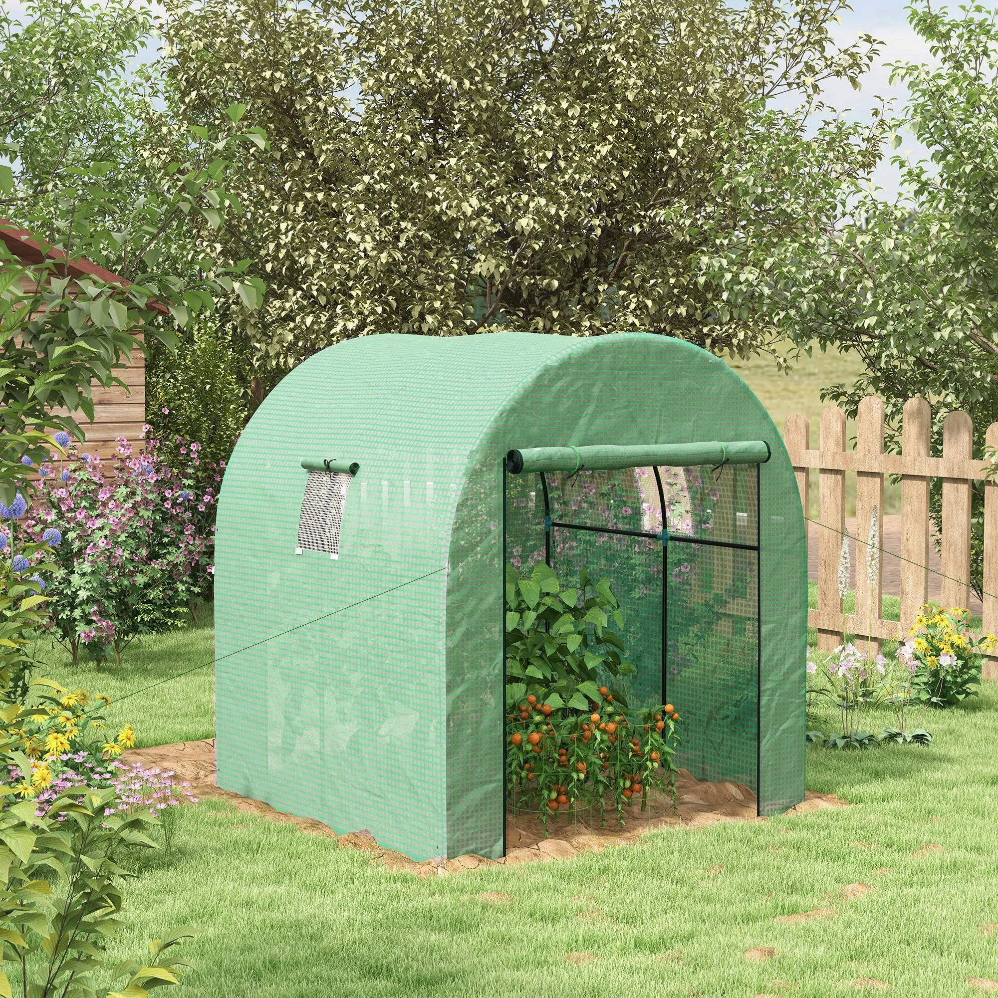 1.8x1.8x2m Steel and PE Anti-UV Tunnel Greenhouse for Vegetable Garden with Roller Doors and Windows, Green - Image 2