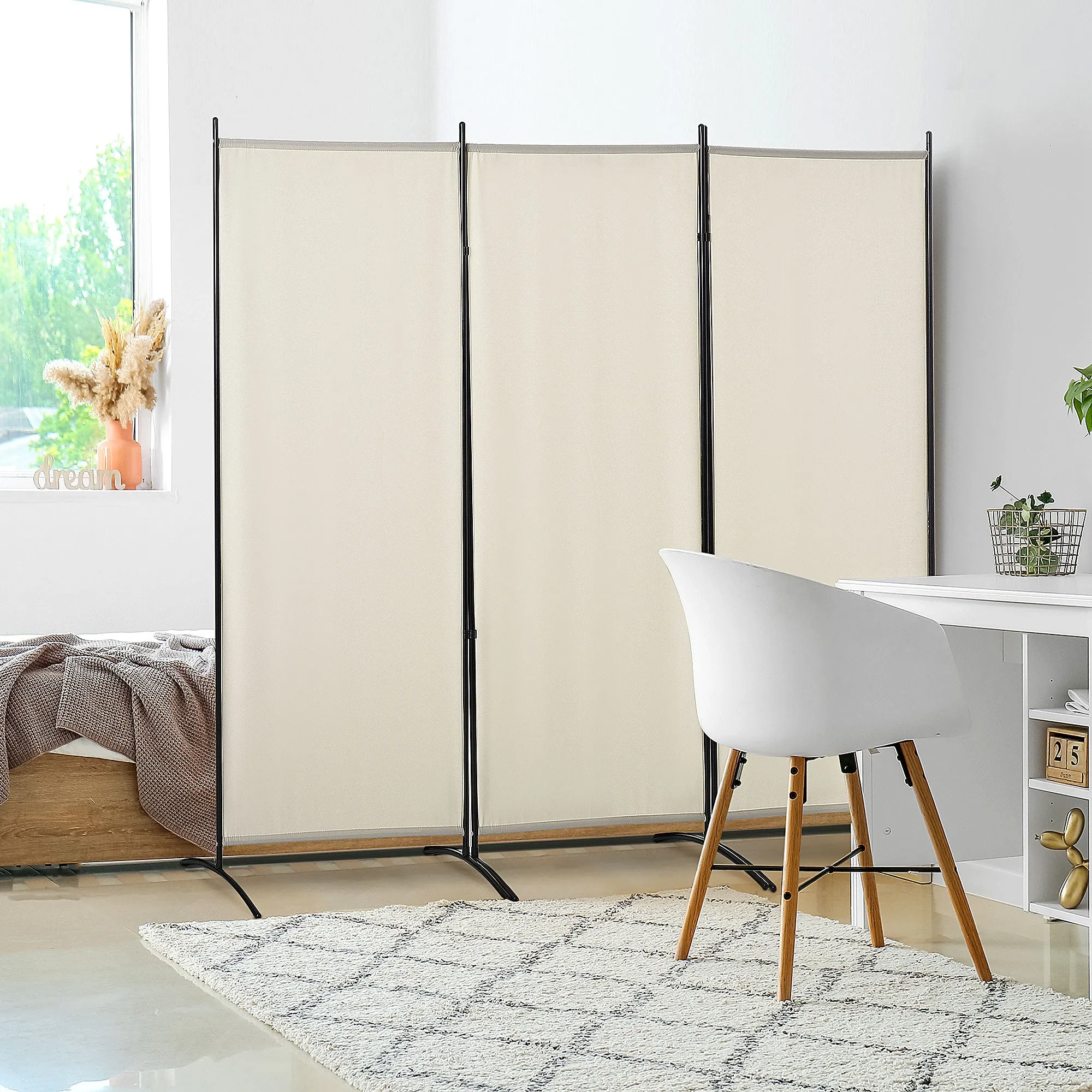 Indoor 3-Panel Folding Metal and Polyester Indoor Room Divider, 253x50x182cm, Beige - Image 2