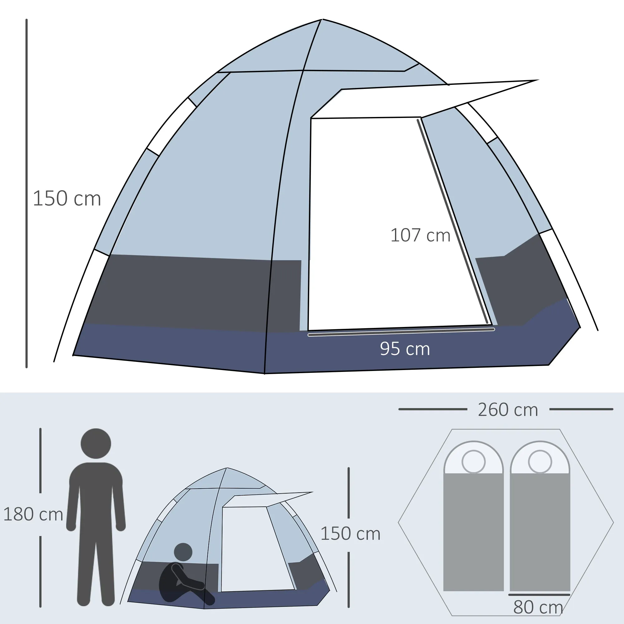 2 Person Camping Tent with Automatic Opening and Accessories, in Steel and Oxford Fabric, Grey and Black - Image 3