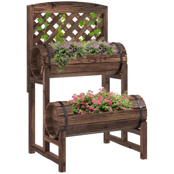 2-Tier Outdoor Planter with Drainage Holes and Grid, Fir Wood, 42x49x80 cm, Brown