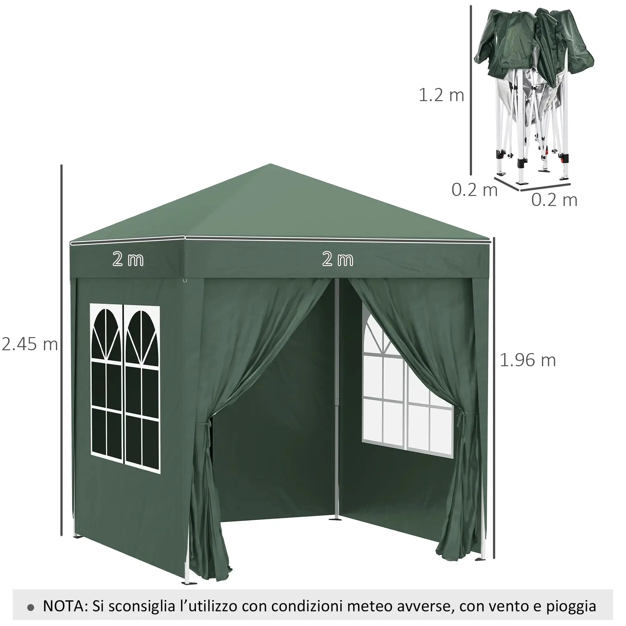 Gazebo 2x2 m Folding with 4 Removable Walls and Carry Bag, in Metal and Polyester, Green - Image 3