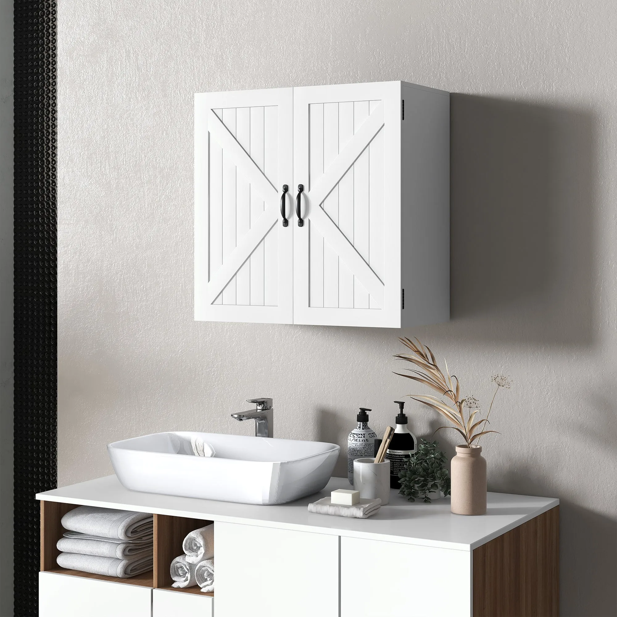 Country Style Wooden Bathroom Wall Cabinet with Adjustable Shelf, 60x30x60cm, White - Image 2