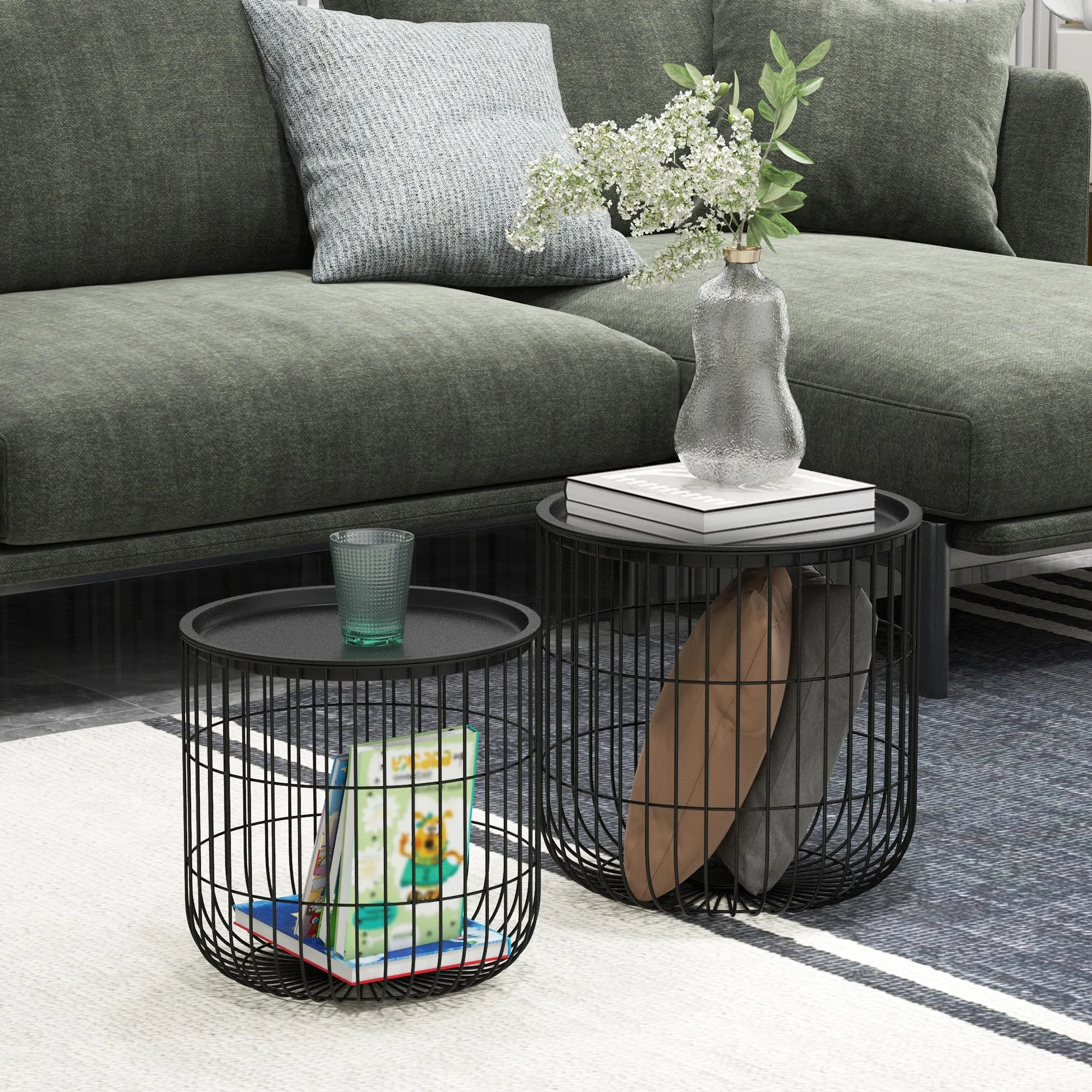 Set of 2 Round Stackable Steel Coffee Tables with Storage Compartment, Black - Image 2