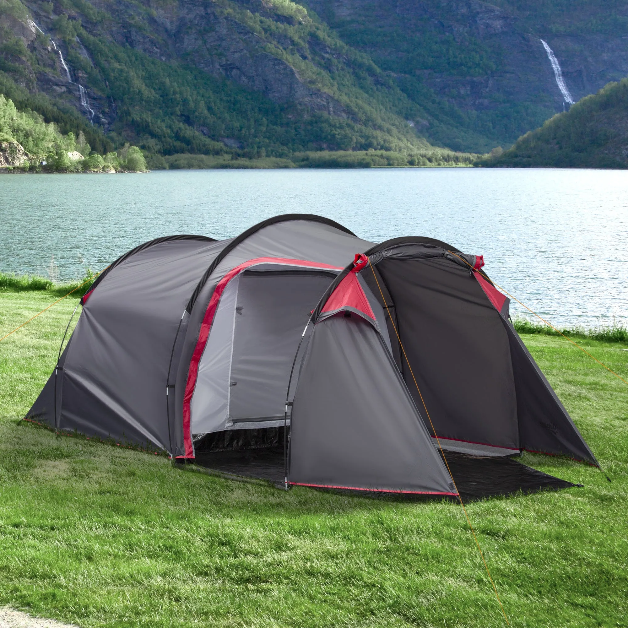 2-4 Person Camping Tent with Vestibule and Zippered Doors, 426x206x154cm Grey - Image 2