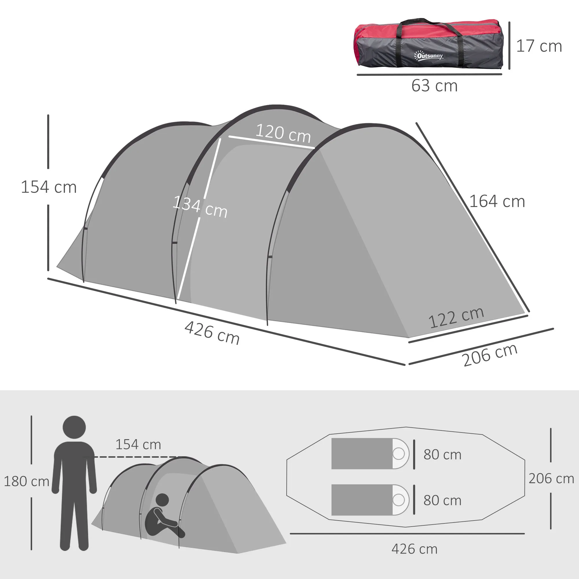 2-4 Person Camping Tent with Vestibule and Zippered Doors, 426x206x154cm Grey - Image 3
