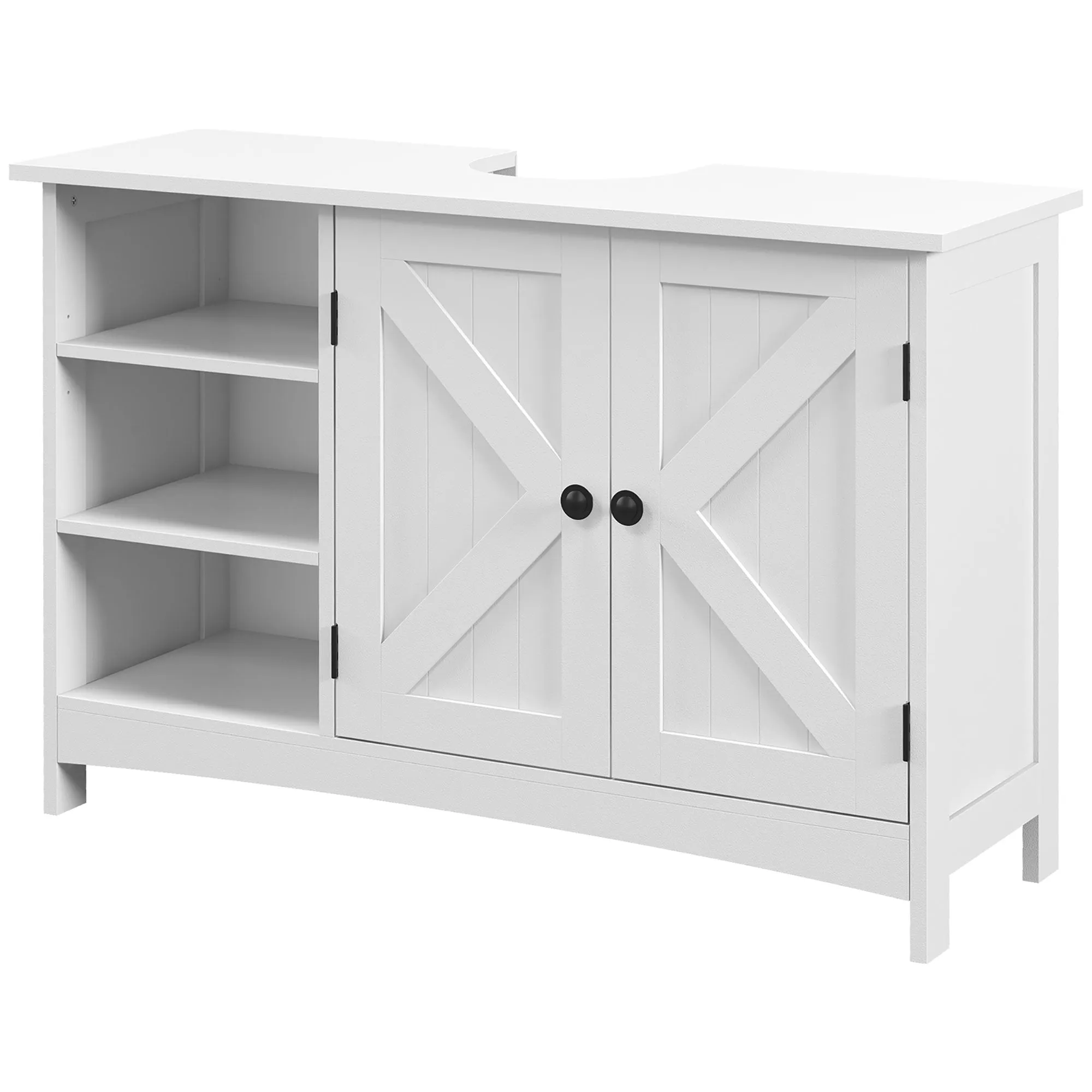 Under Sink Bathroom Cabinet with 2 Doors and 3 Open Shelves in Wood, 90x30x60cm, White