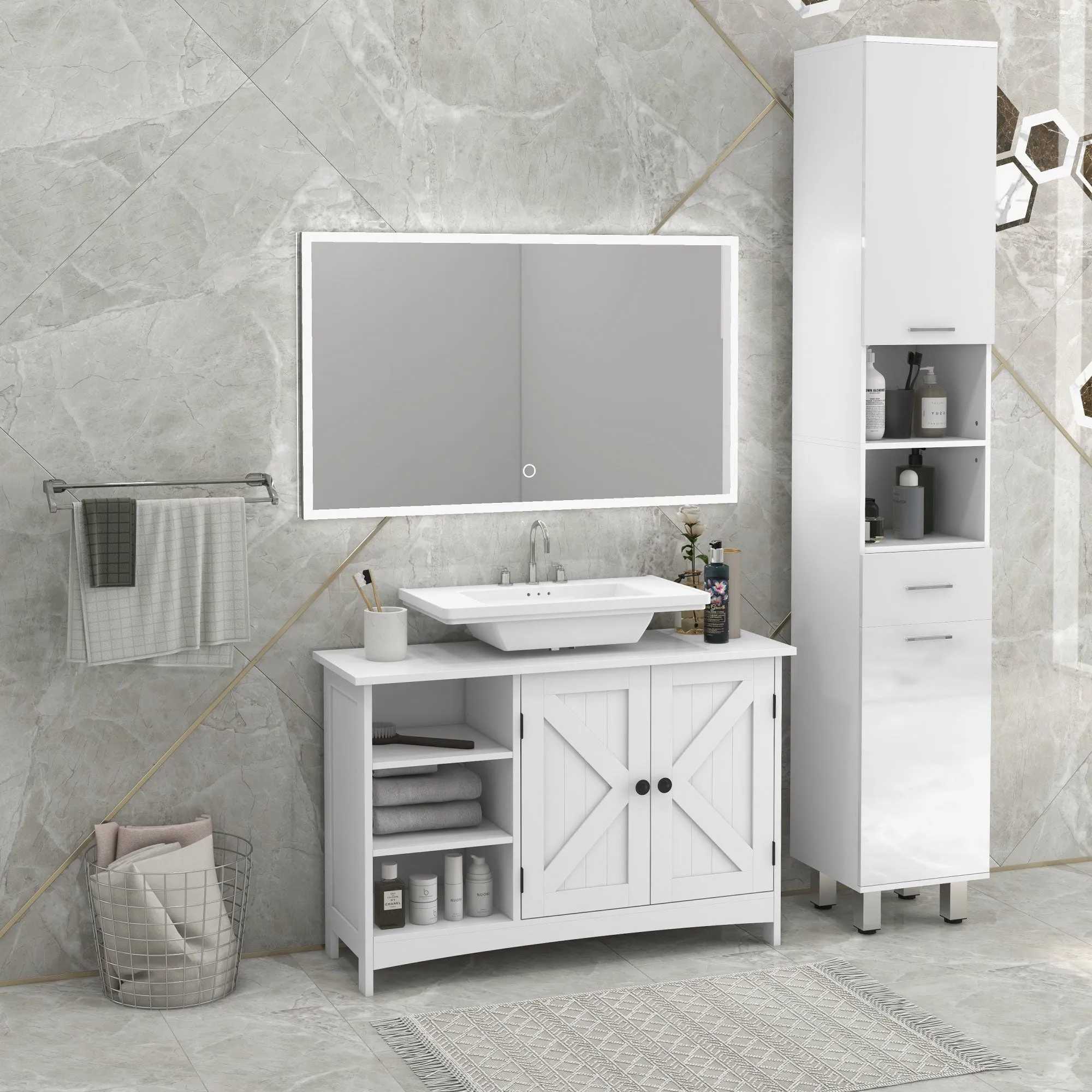 Under Sink Bathroom Cabinet with 2 Doors and 3 Open Shelves in Wood, 90x30x60cm, White - Image 2
