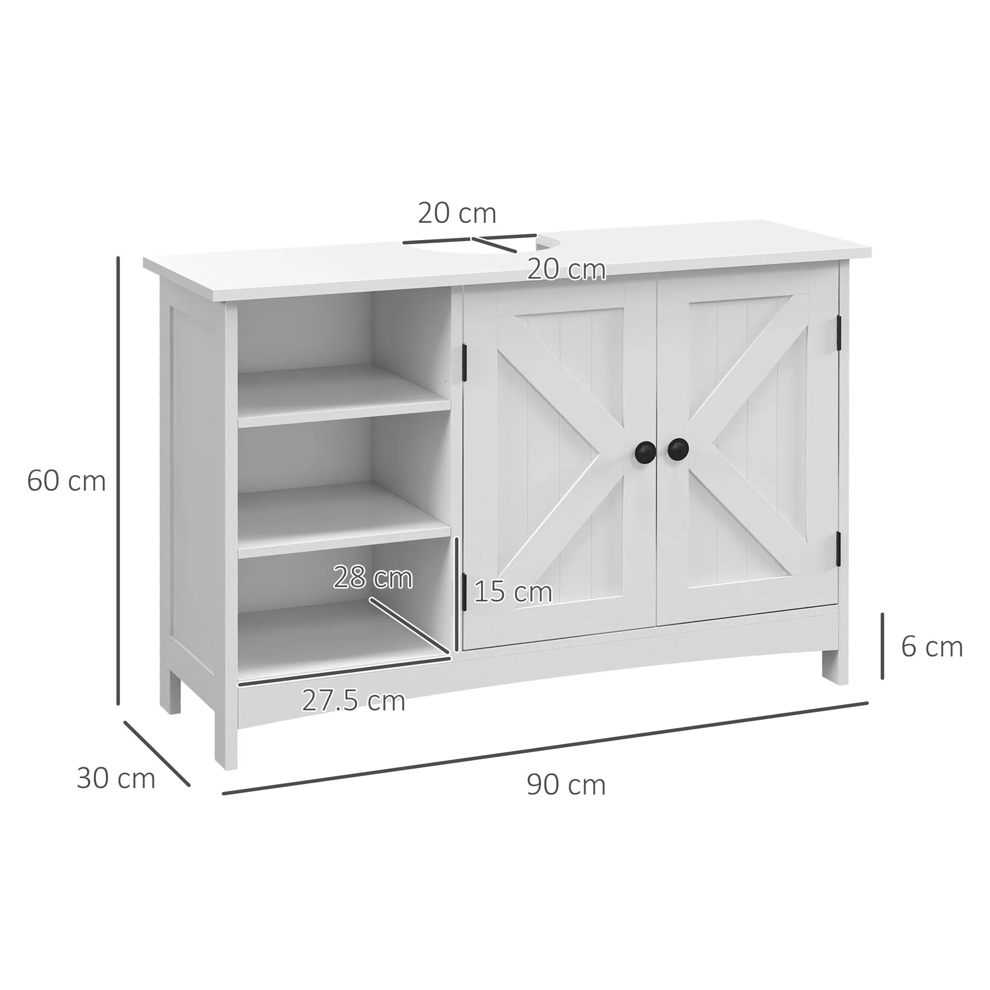 Under Sink Bathroom Cabinet with 2 Doors and 3 Open Shelves in Wood, 90x30x60cm, White - Image 3
