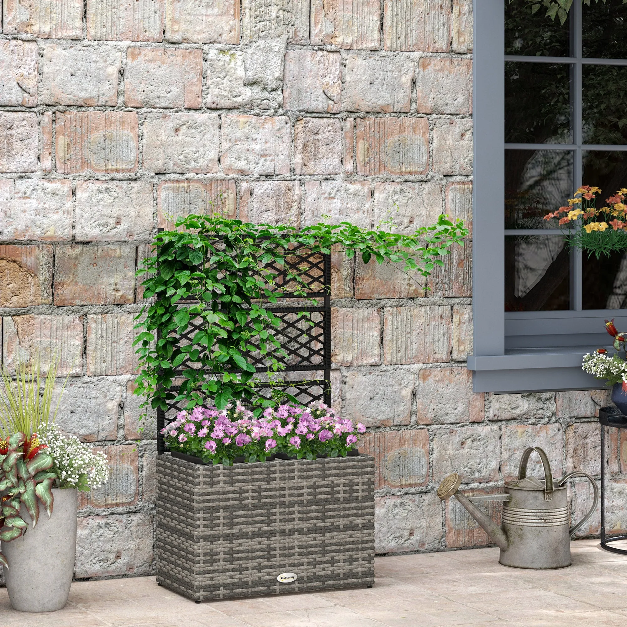 Planter with Trellis for Climbing Plants with 2 Pots in Steel and PE Rattan, 57x30x107cm, Grey - Image 2