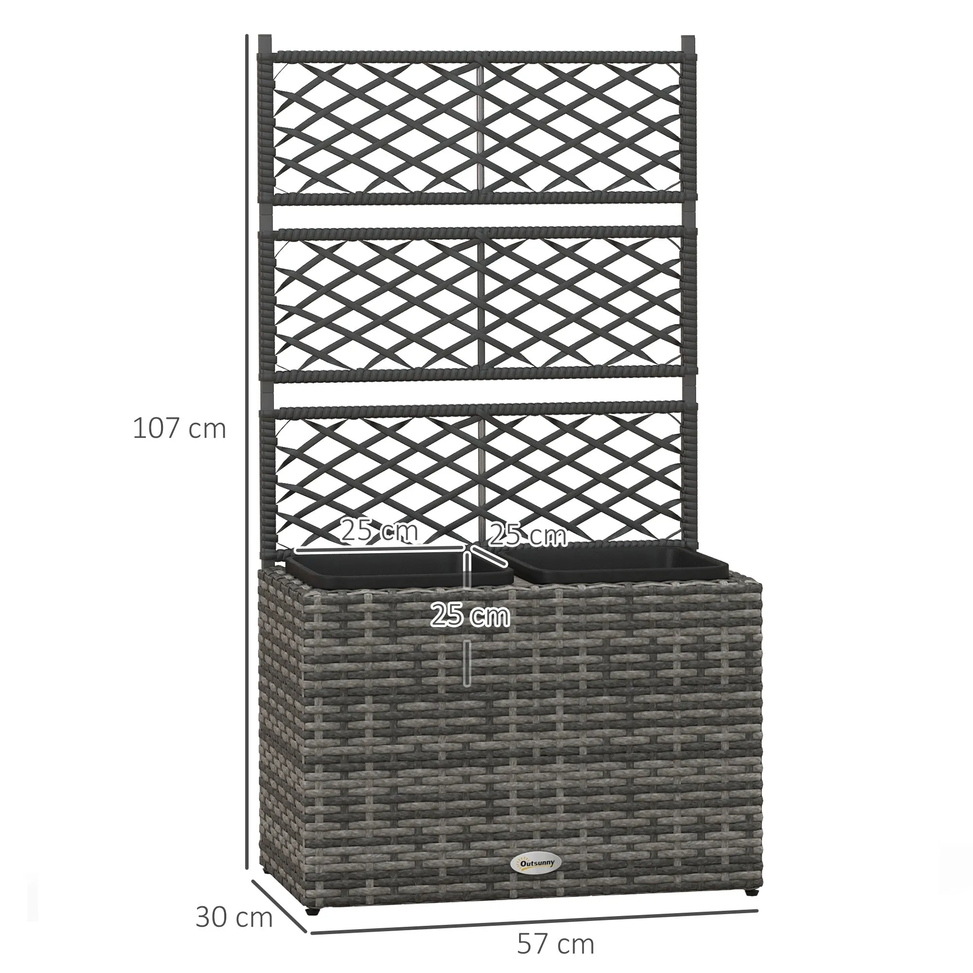 Planter with Trellis for Climbing Plants with 2 Pots in Steel and PE Rattan, 57x30x107cm, Grey - Image 3