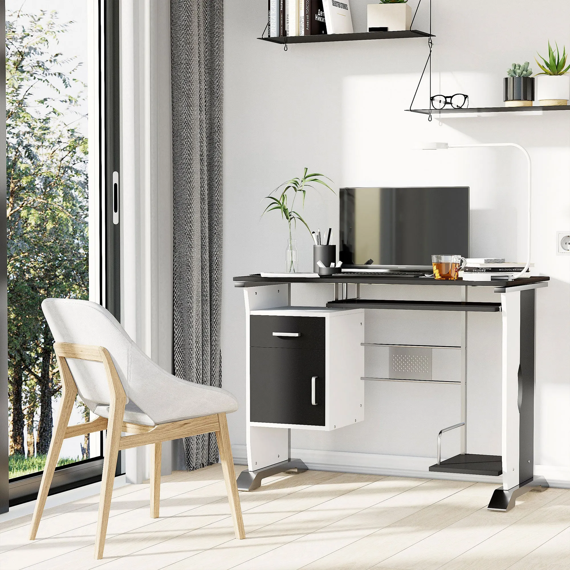 Computer Desk with Shelf, Drawer and Cabinet, in MDF and Iron, 100x52x75 cm, White and Black - Image 2
