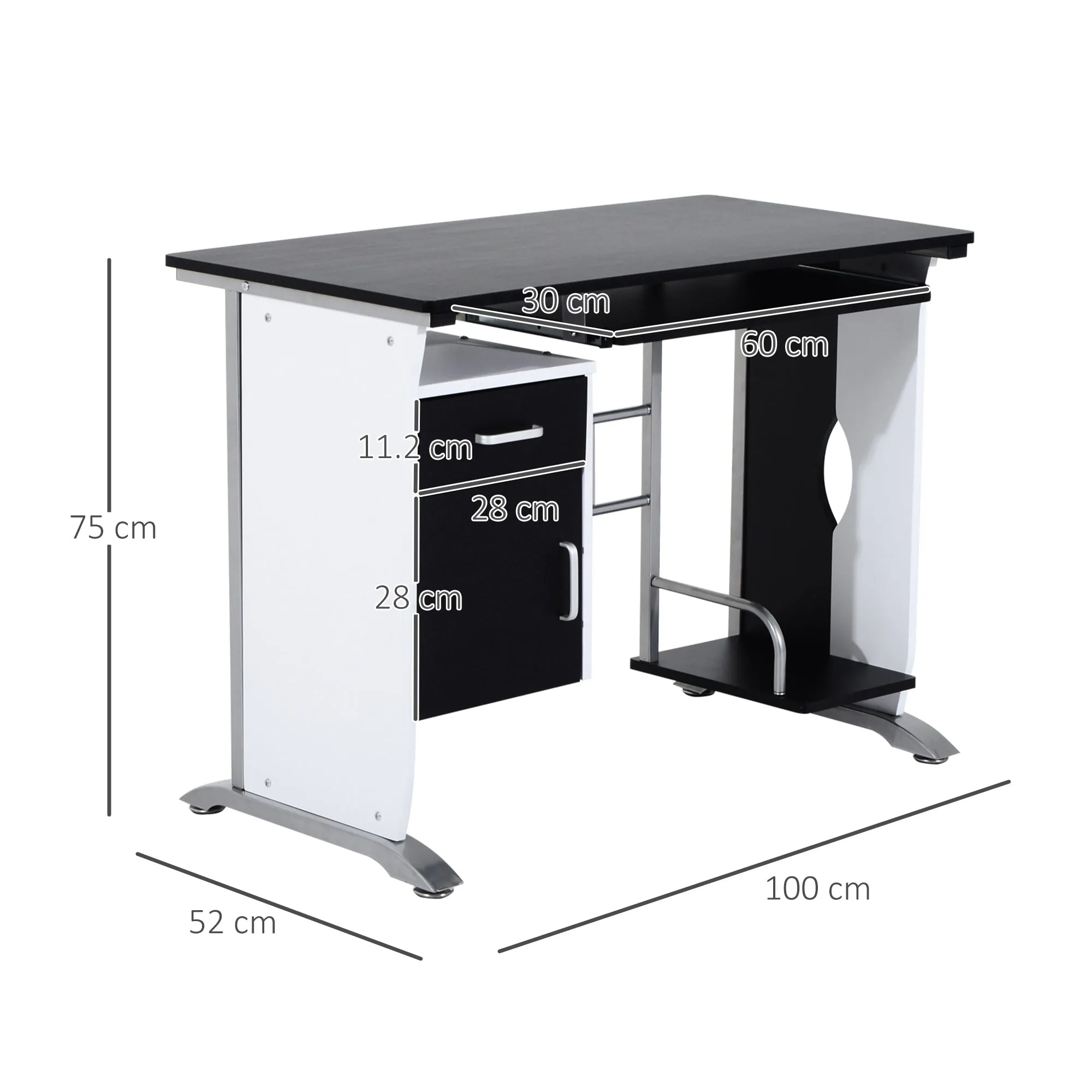 Computer Desk with Shelf, Drawer and Cabinet, in MDF and Iron, 100x52x75 cm, White and Black - Image 3