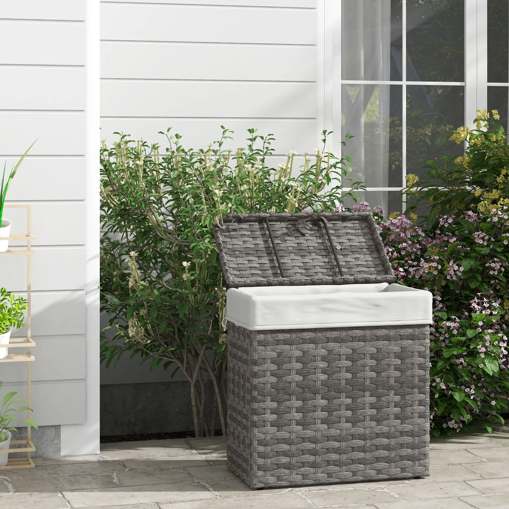 Rattan Garden Home Storage Basket with Inner Fabric, 57x34x62cm, Grey - Image 2
