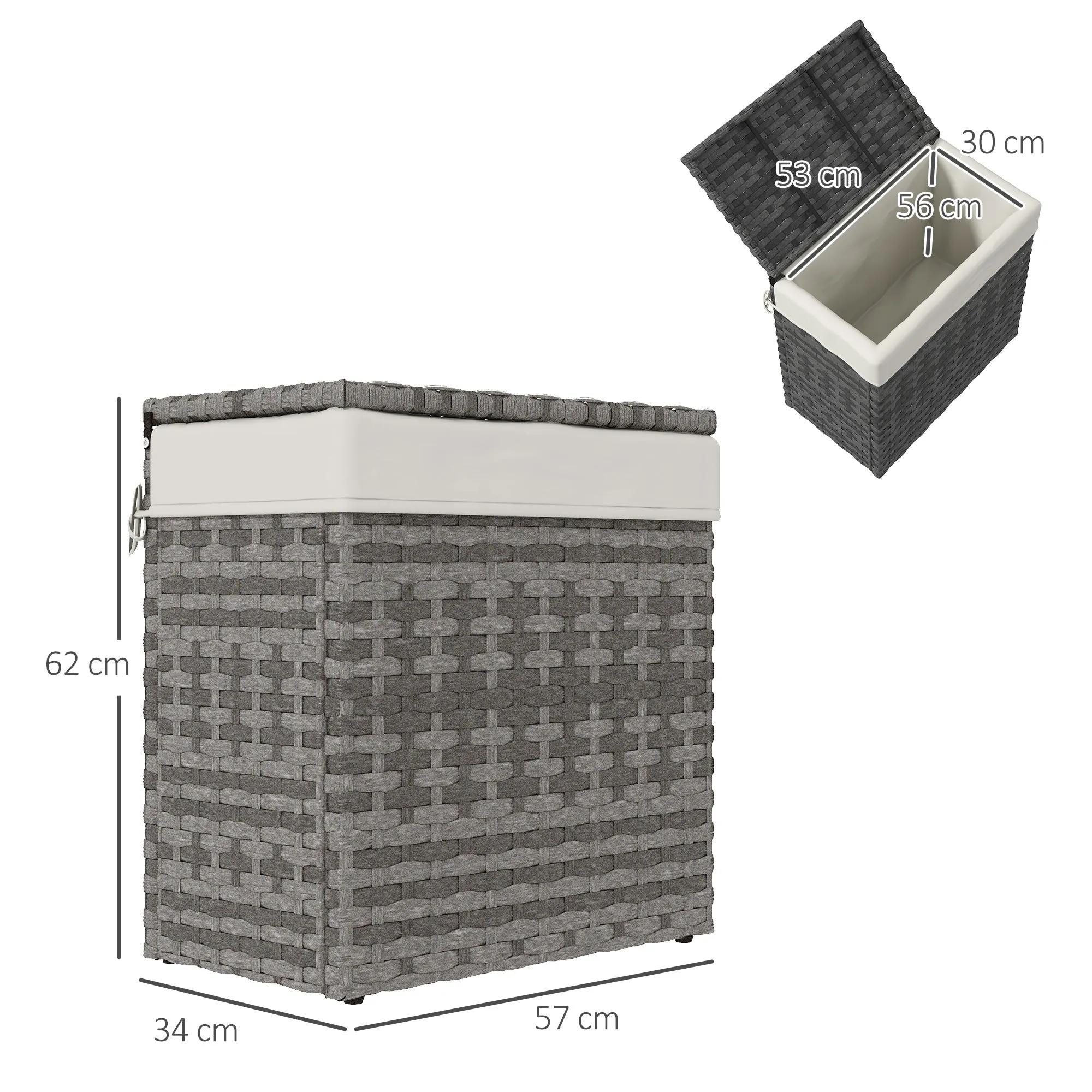 Rattan Garden Home Storage Basket with Inner Fabric, 57x34x62cm, Grey - Image 3