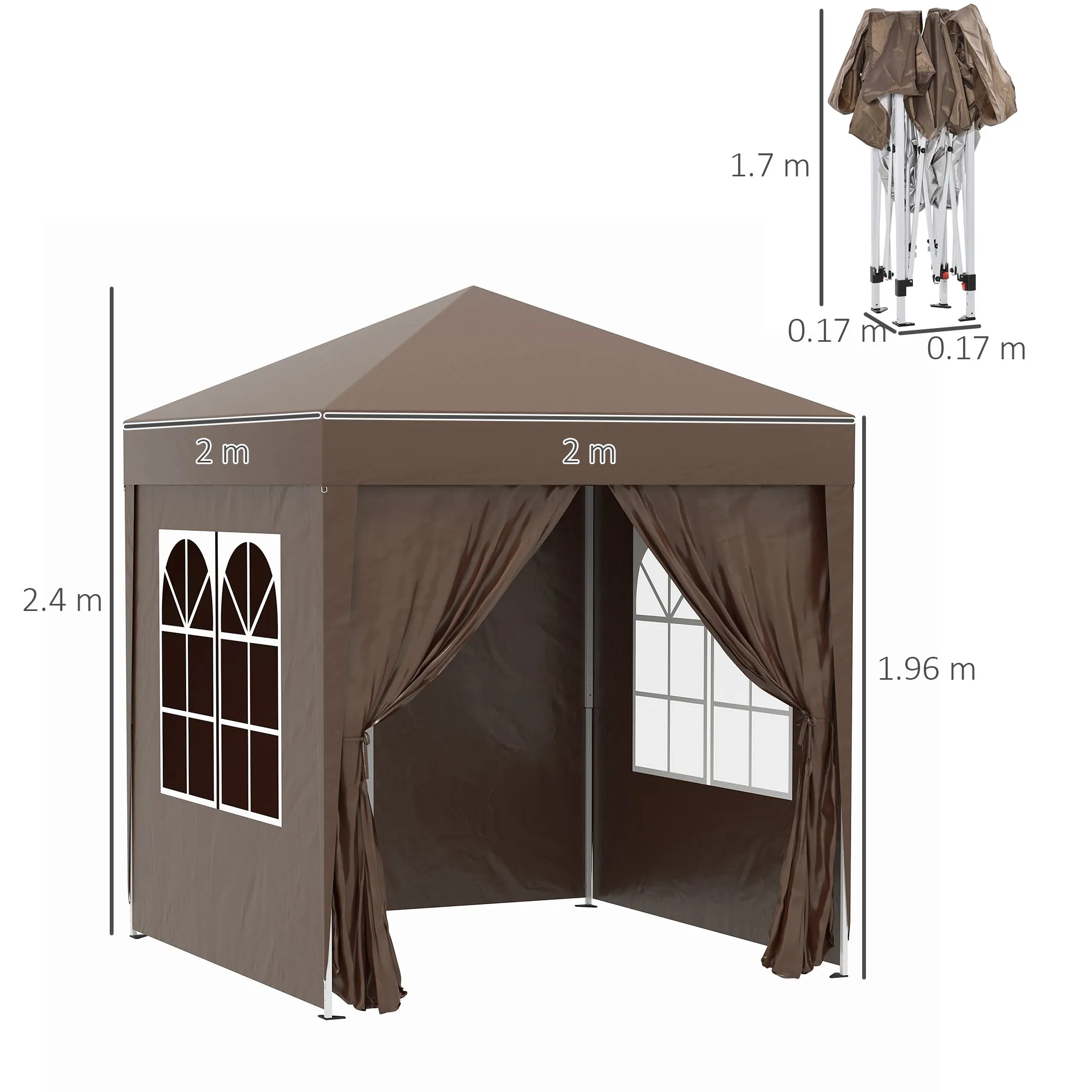 Gazebo 2x2 m Folding with 4 Removable Walls and Carry Bag, Metal and Polyester, Brown - Image 3