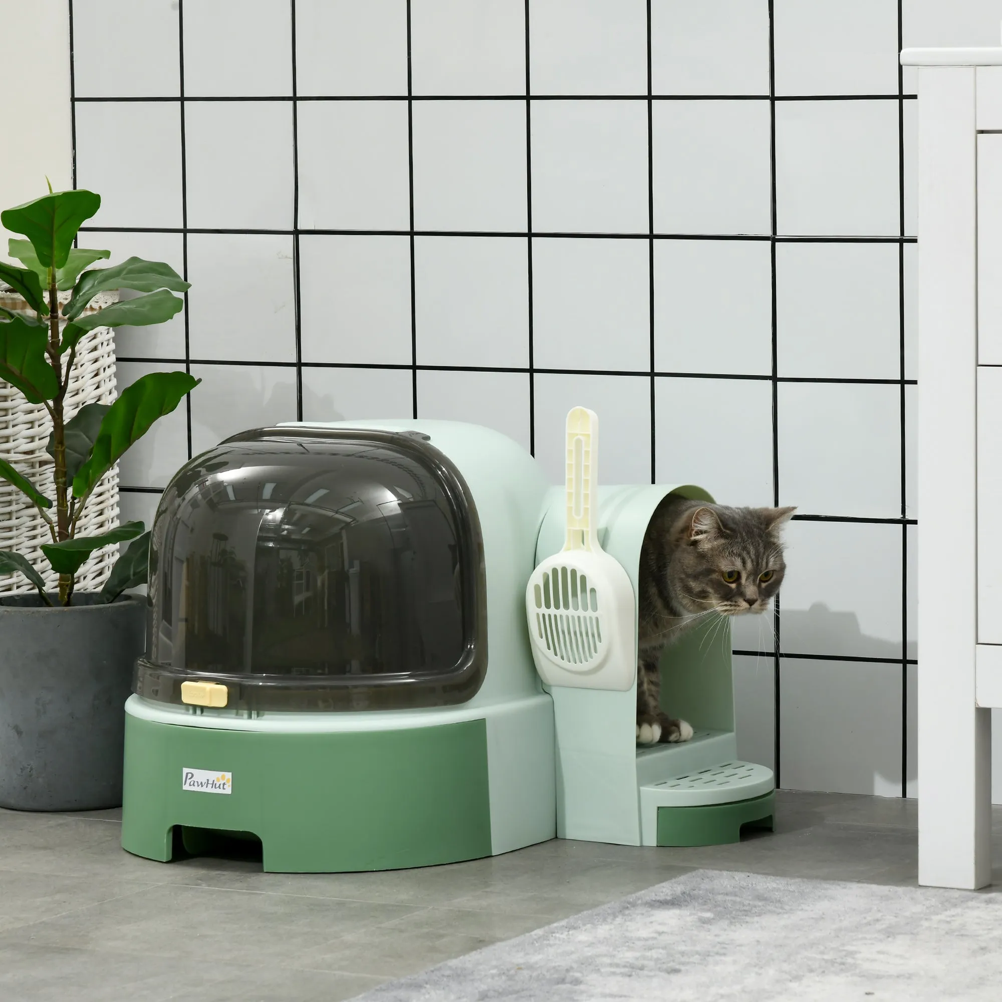 Closed Cat Litter Box with Opening Lid and Removable Tray, 52x60x42 cm, Green - Image 2