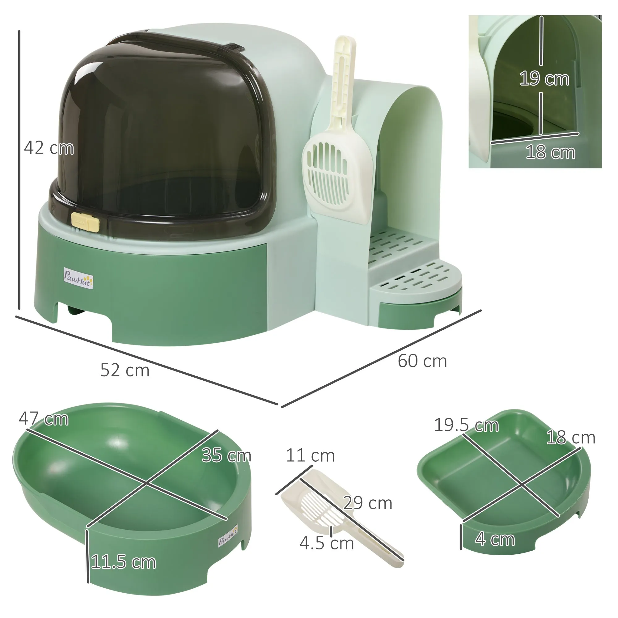 Closed Cat Litter Box with Opening Lid and Removable Tray, 52x60x42 cm, Green - Image 3