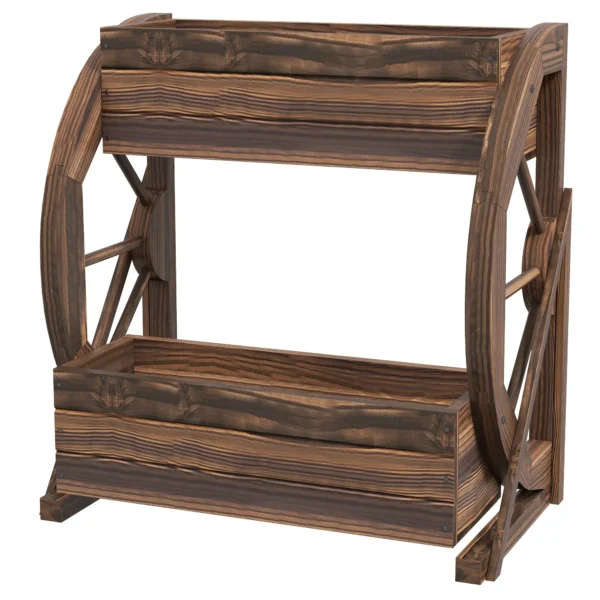 2-Tier Outdoor Wooden Planter with 3 Pots and Country Style Wagon Wheels, 55x32x56cm