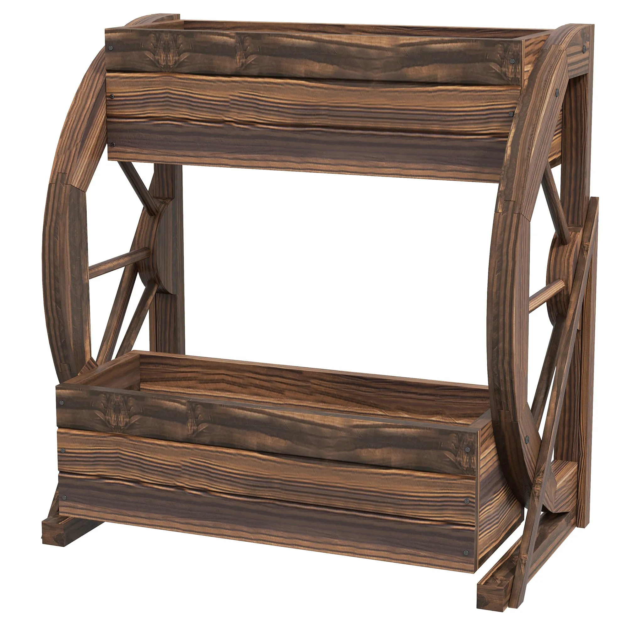2-Tier Outdoor Wooden Planter with 3 Pots and Country Style Wagon Wheels, 55x32x56cm