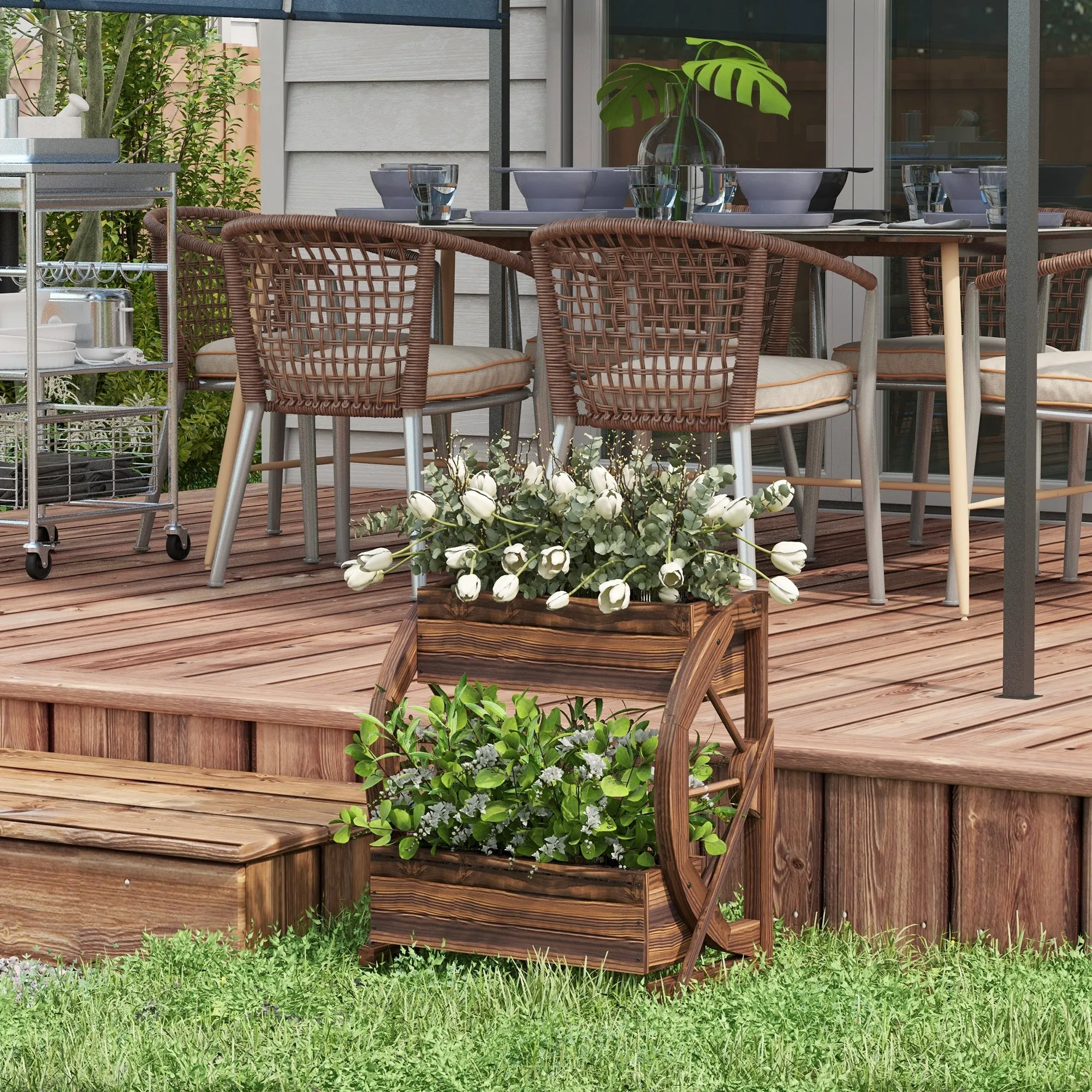 2-Tier Outdoor Wooden Planter with 3 Pots and Country Style Wagon Wheels, 55x32x56cm - Image 2