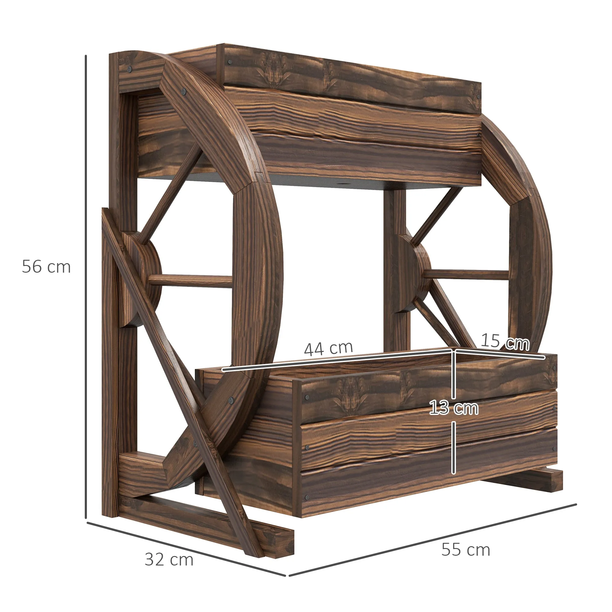 2-Tier Outdoor Wooden Planter with 3 Pots and Country Style Wagon Wheels, 55x32x56cm - Image 3