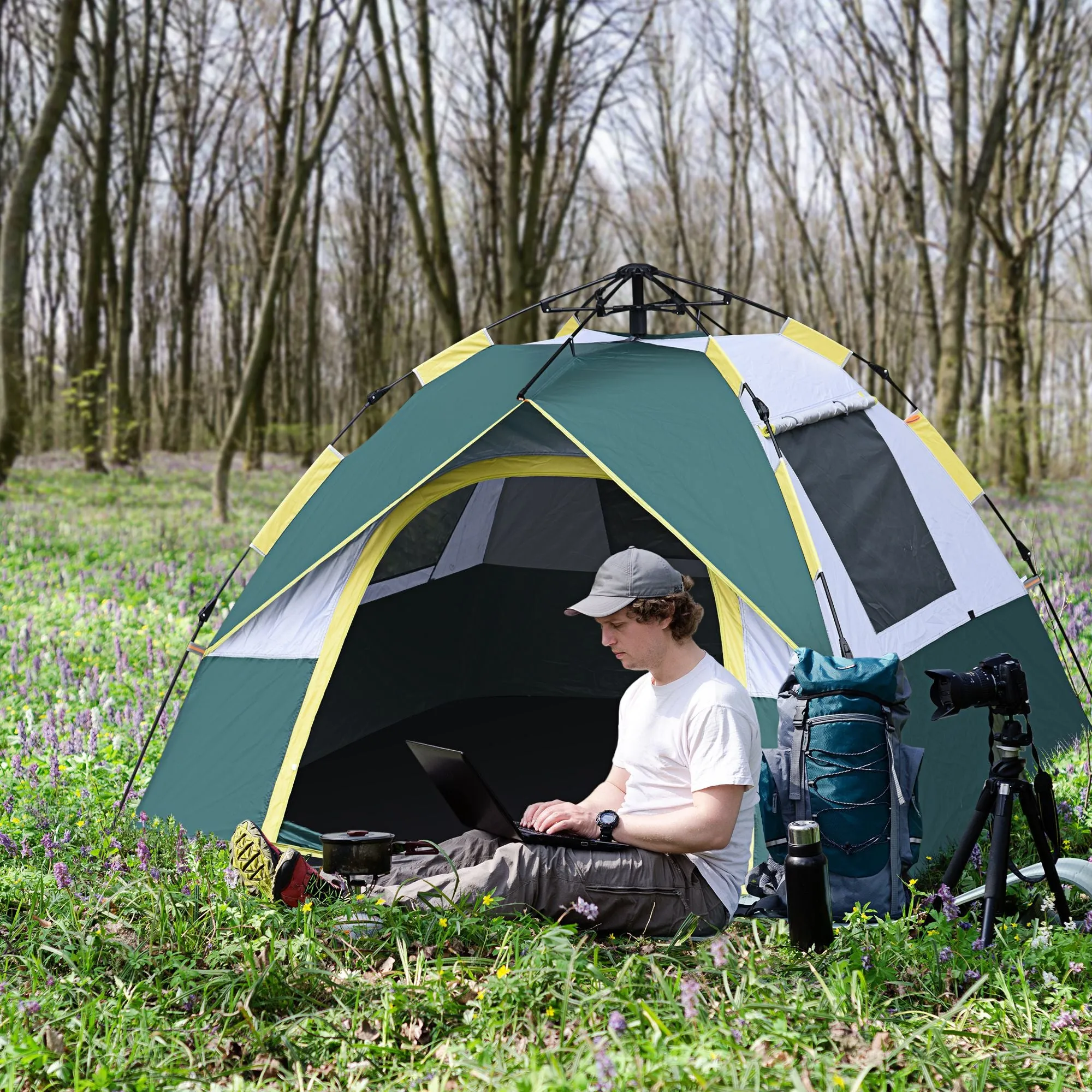 2-Person Camping Tent with Automatic Opening, Internal Pockets and Mat, 205x195x135 cm, Olive Green - Image 2
