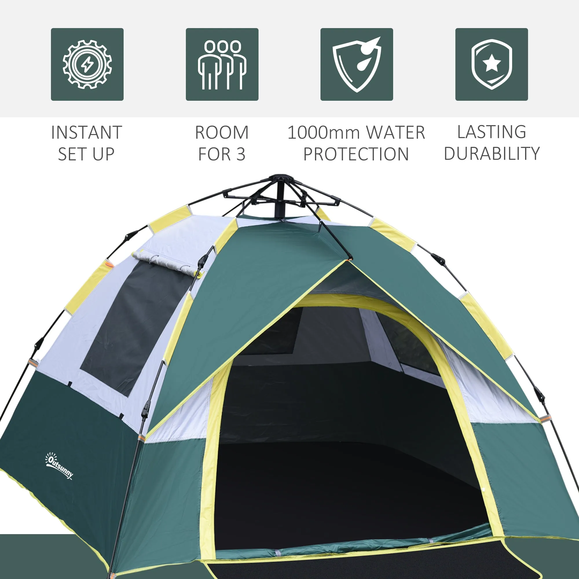 2-Person Camping Tent with Automatic Opening, Internal Pockets and Mat, 205x195x135 cm, Olive Green - Image 3