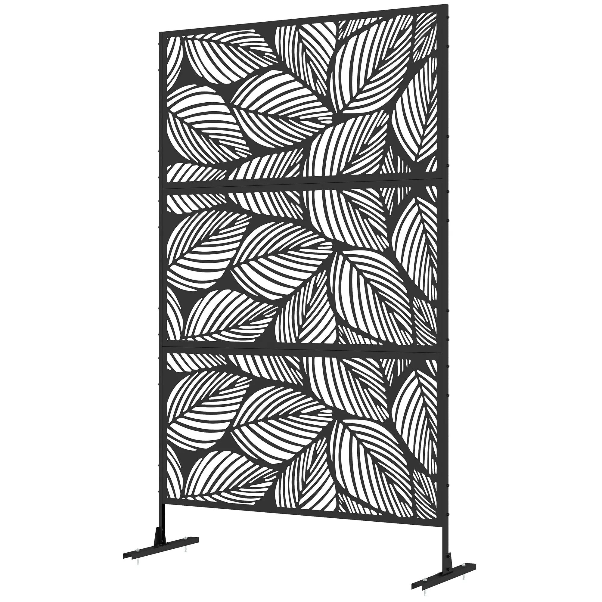 Decorative Outdoor Screen Perforated Steel with Leaf Design, 122x198cm, Black
