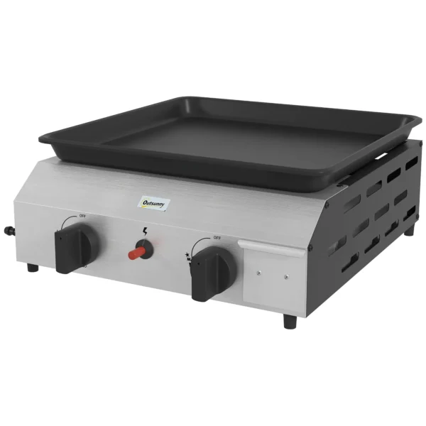 Gas Barbecue Grill with 2 Burners, Non-Stick Surface and 4.8kW Power, Silver