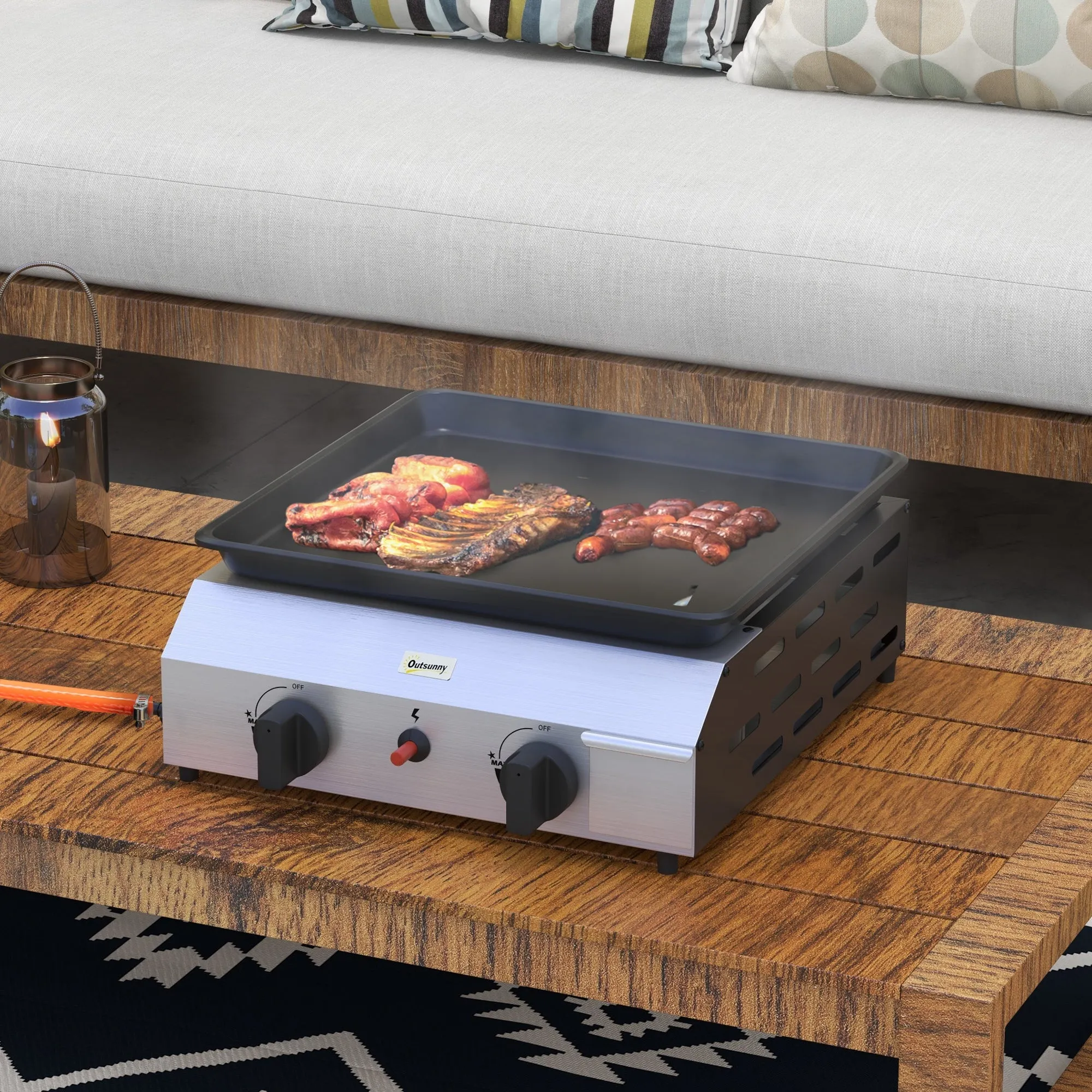 Gas Barbecue Grill with 2 Burners, Non-Stick Surface and 4.8kW Power, Silver - Image 2