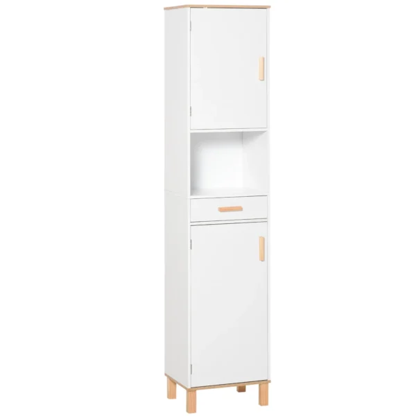 Space-Saving Wooden Bathroom Cabinet, Column Cabinet with Cabinets and Drawer, 39x30x180cm, White