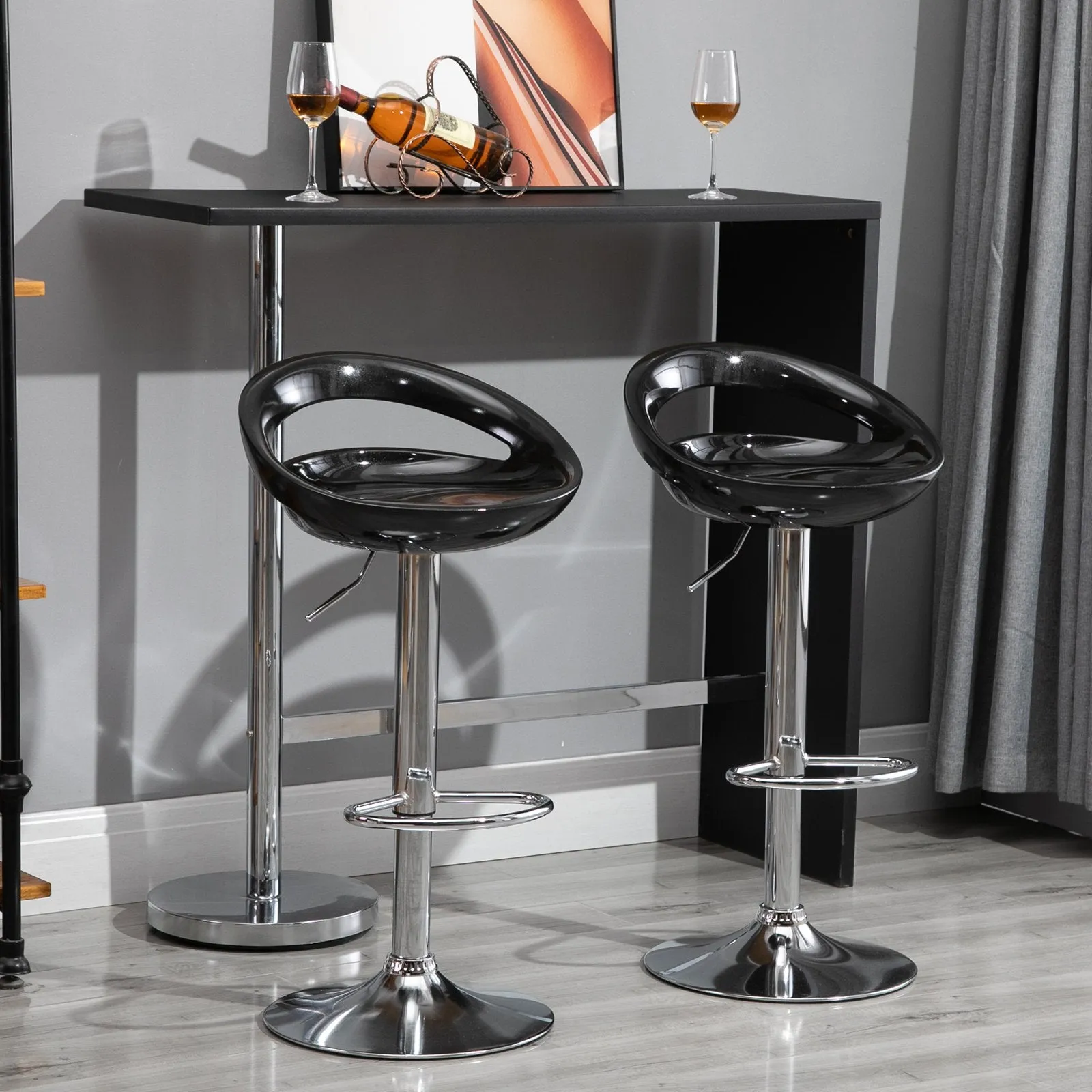 Set of 2 High Bar Stools, 360° Swivel Stools, with Backrest and Footrest, Adjustable Height, Steel Base, for Dining Room and Kitchen, 46x41x76-96cm, Black - Image 2
