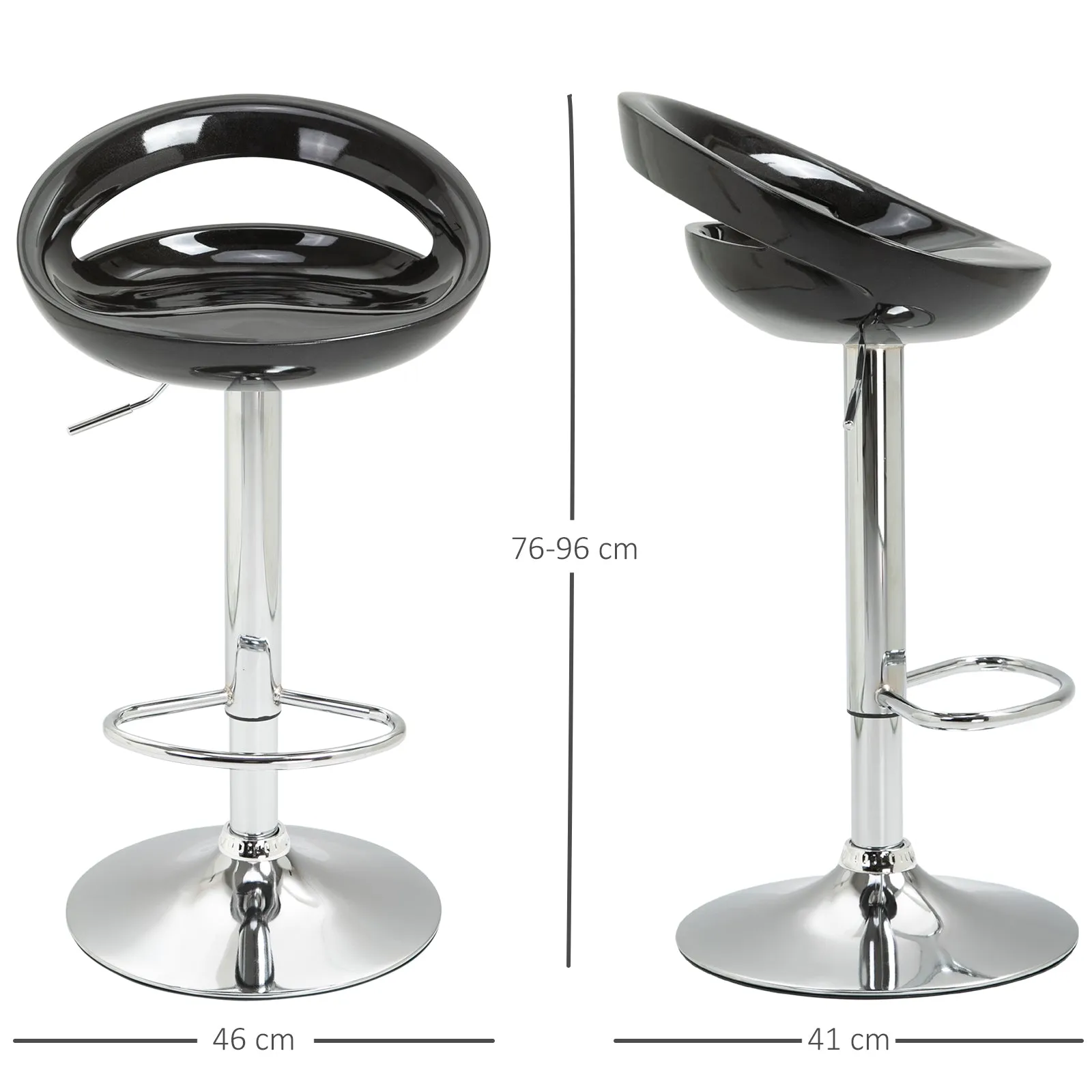 Set of 2 High Bar Stools, 360° Swivel Stools, with Backrest and Footrest, Adjustable Height, Steel Base, for Dining Room and Kitchen, 46x41x76-96cm, Black - Image 3