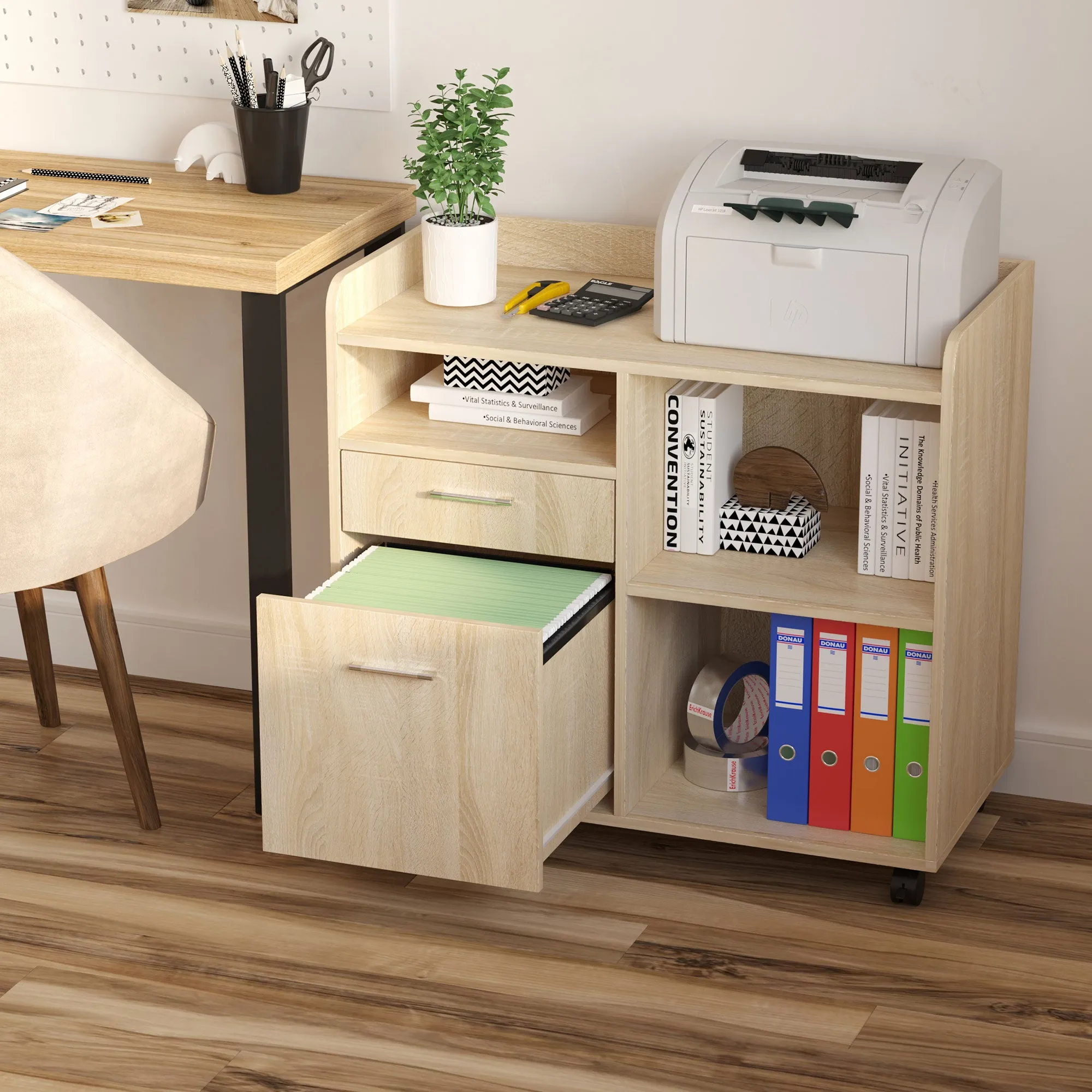 Multi-Use Printer Stand, Office Cabinet, Low Cabinet, Multipurpose Cabinet with 4 Wheels, Oak, 80x40x72cm - Image 2