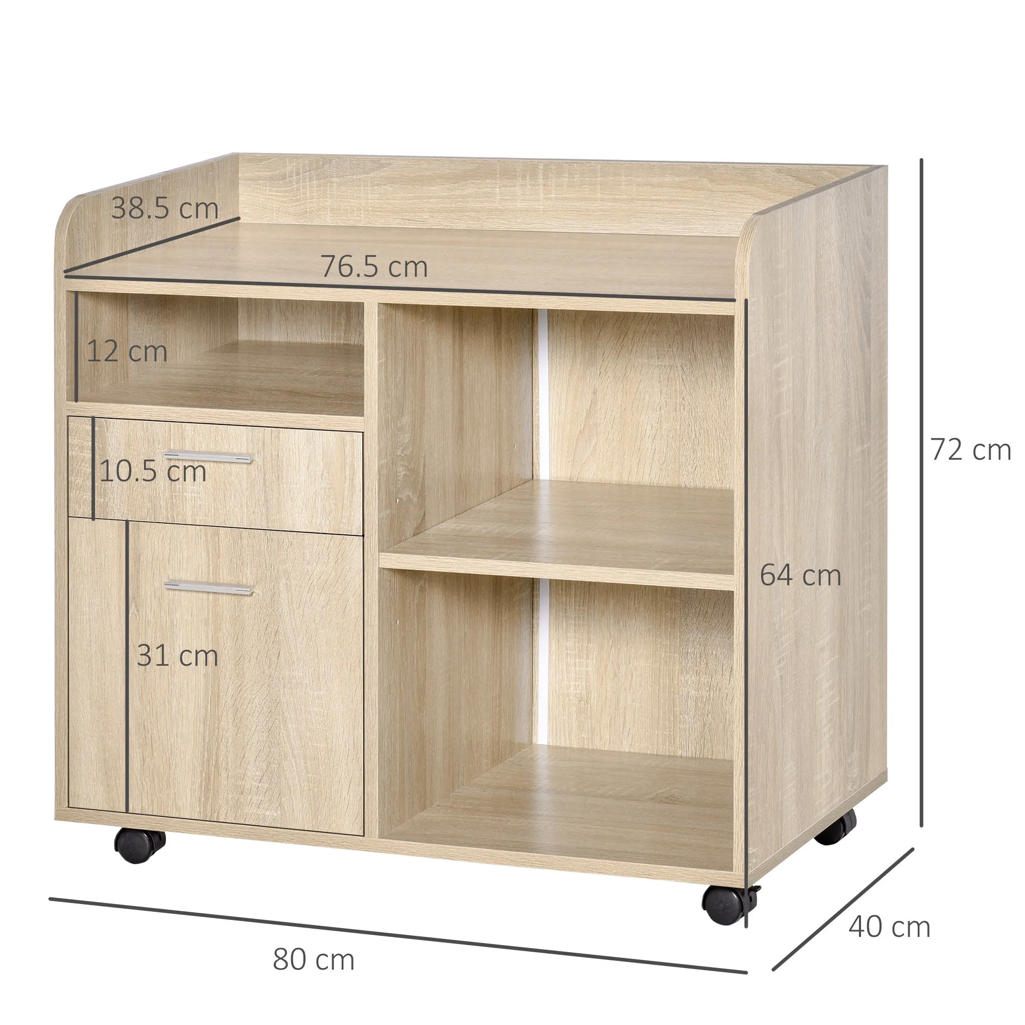 Multi-Use Printer Stand, Office Cabinet, Low Cabinet, Multipurpose Cabinet with 4 Wheels, Oak, 80x40x72cm - Image 3