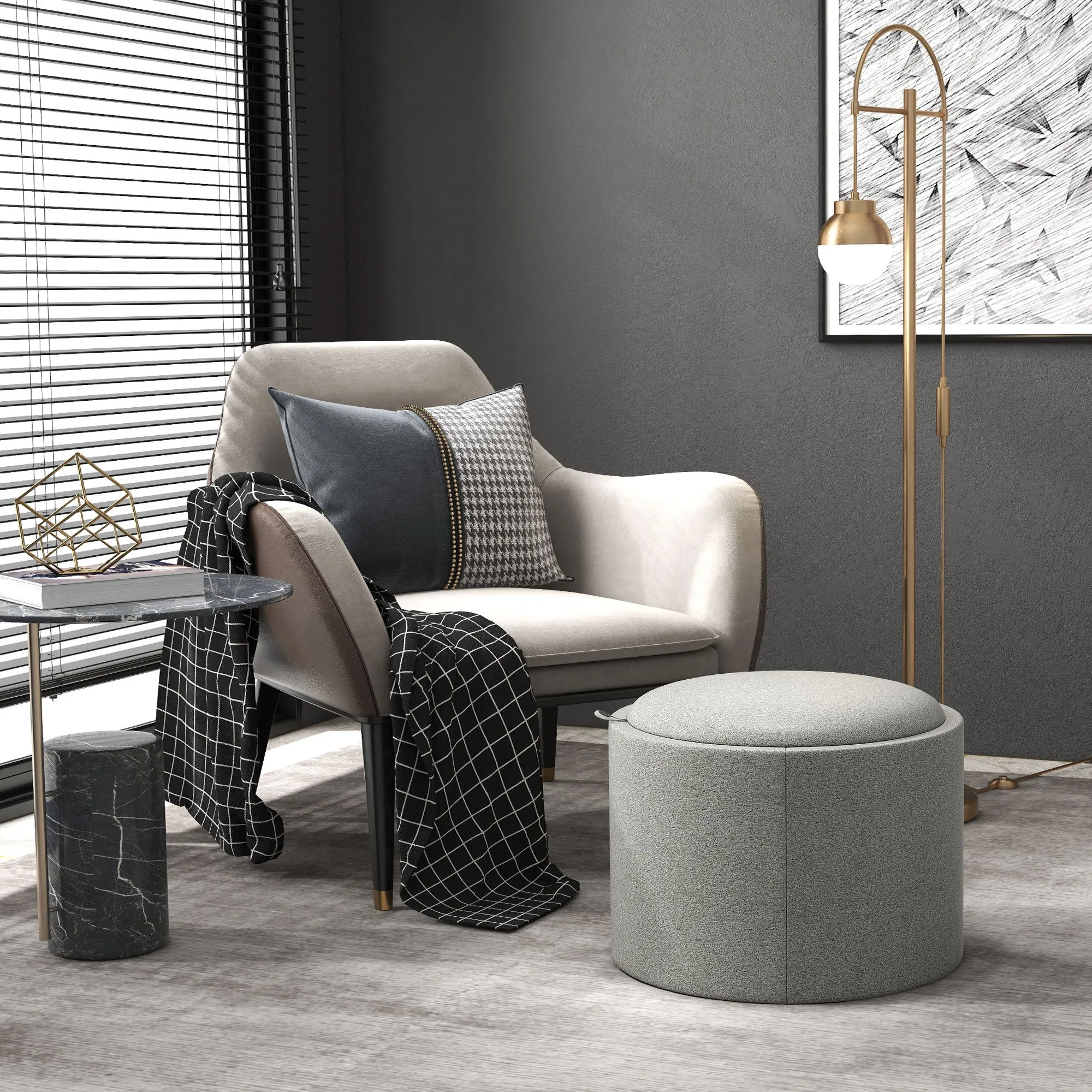 Linen Effect Storage Ottoman, 120 kg max, with Flip-Top Tray, in MDF, 56x56x42 cm, Grey - Image 2