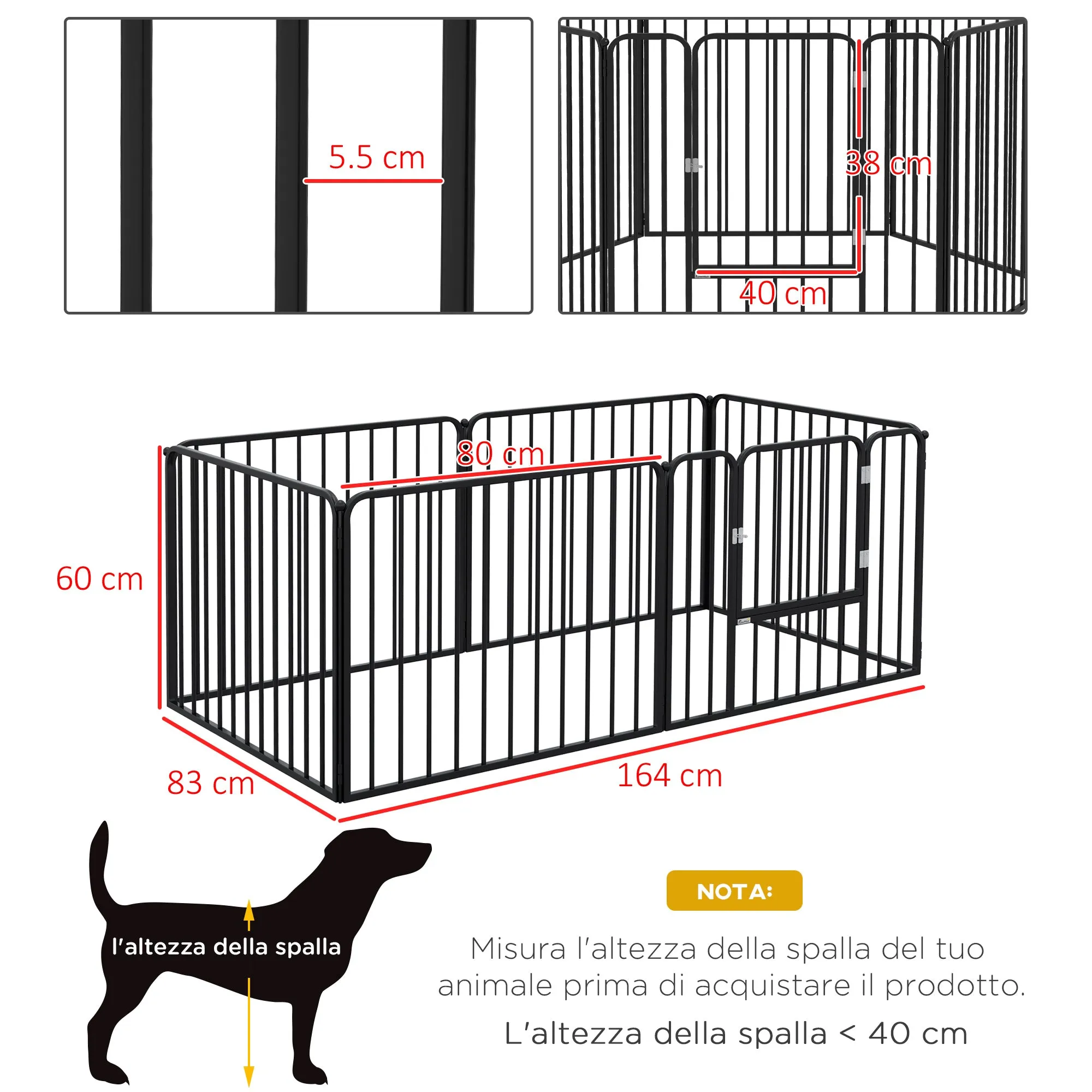 6-Panel Modular Indoor/Outdoor Dog Playpen, Steel, 164x83x60 cm, Black - Image 3