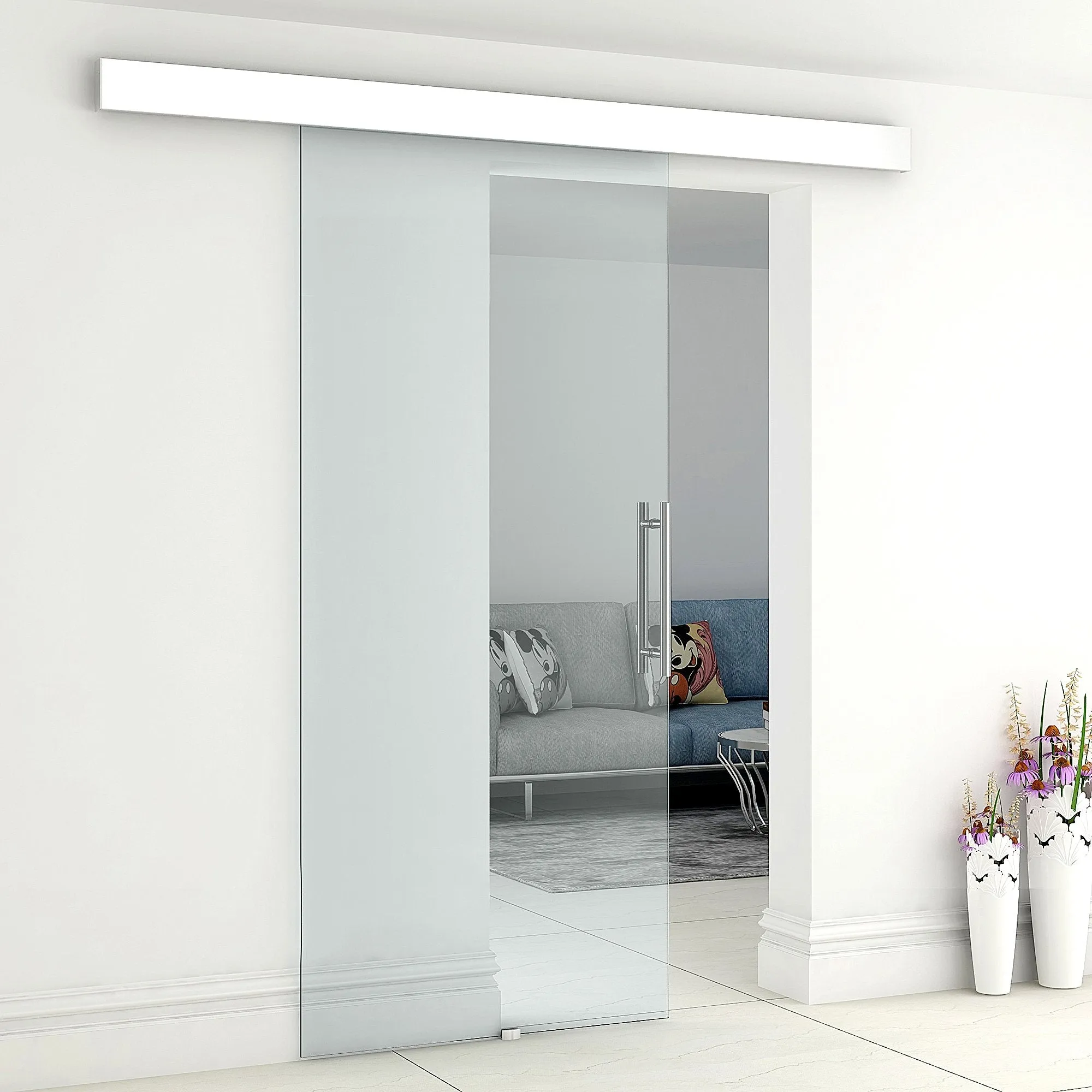 Sliding Door Clear Glass with Aluminum Track and Handle for Bathroom Kitchen Study 210x75x0.8cm - Image 2