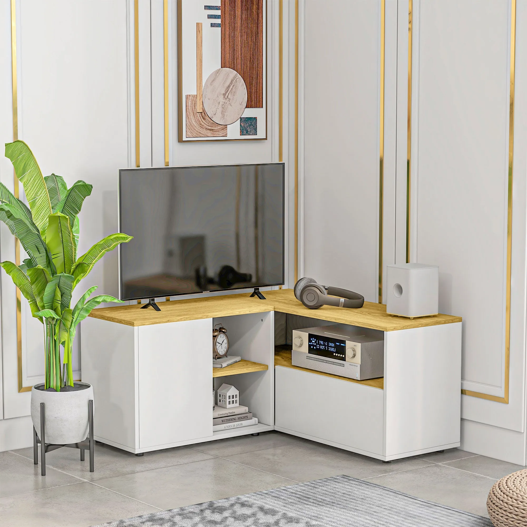 L-Shaped TV Cabinet for 40" TV with 3 Open Shelves and 2 Cabinets, Chipboard, 90x90x45 cm - Image 2