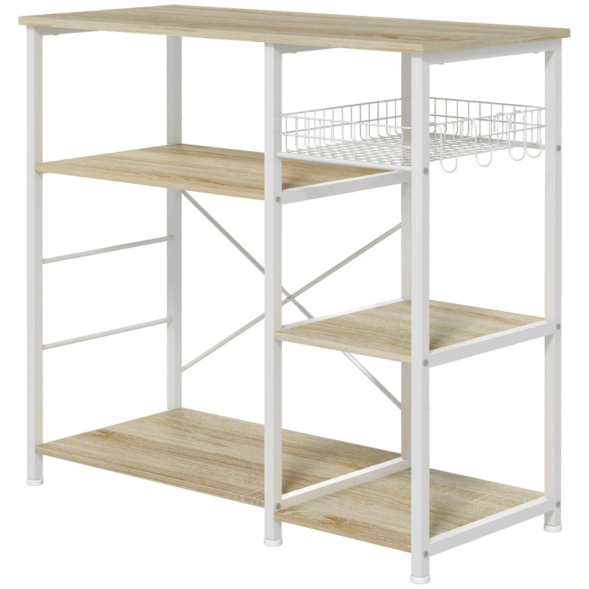 Modern Kitchen Cabinet with 4 Shelves with Basket and Hooks in Wood and Steel, 90x40x84.5cm, Oak and White