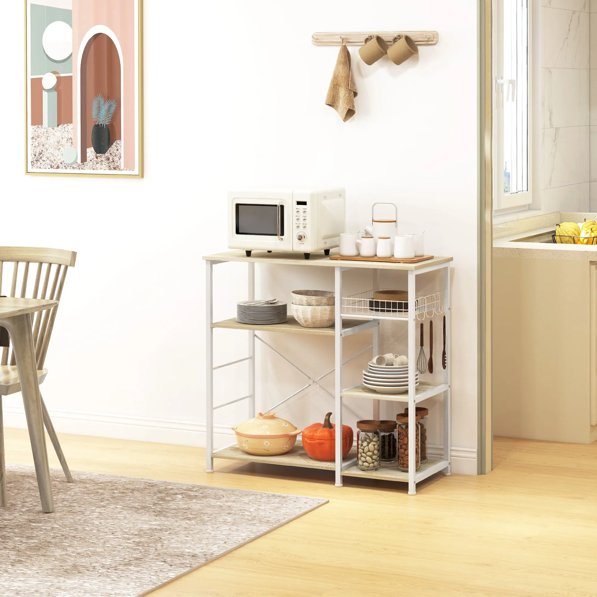 Modern Kitchen Cabinet with 4 Shelves with Basket and Hooks in Wood and Steel, 90x40x84.5cm, Oak and White - Image 2