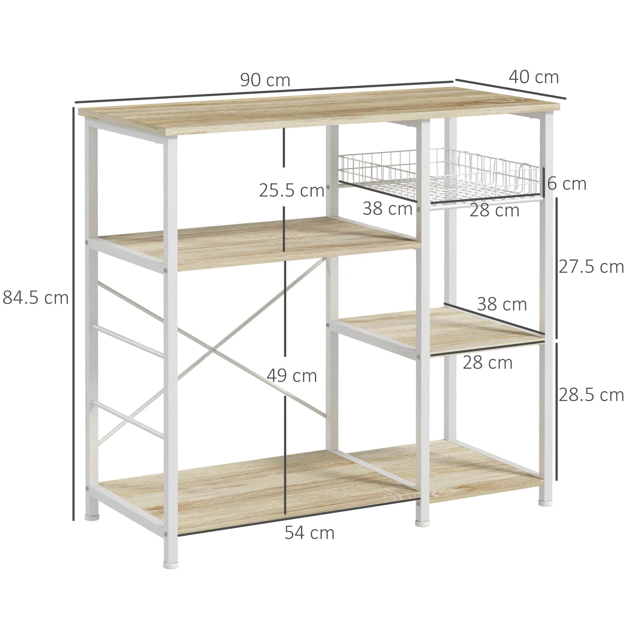 Modern Kitchen Cabinet with 4 Shelves with Basket and Hooks in Wood and Steel, 90x40x84.5cm, Oak and White - Image 3