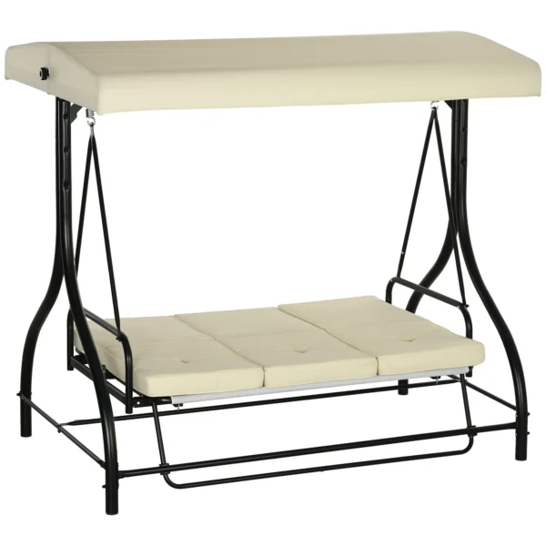 3 Seater Garden Swing with Adjustable Canopy, Metal and Teslin Fabric, Beige and Black