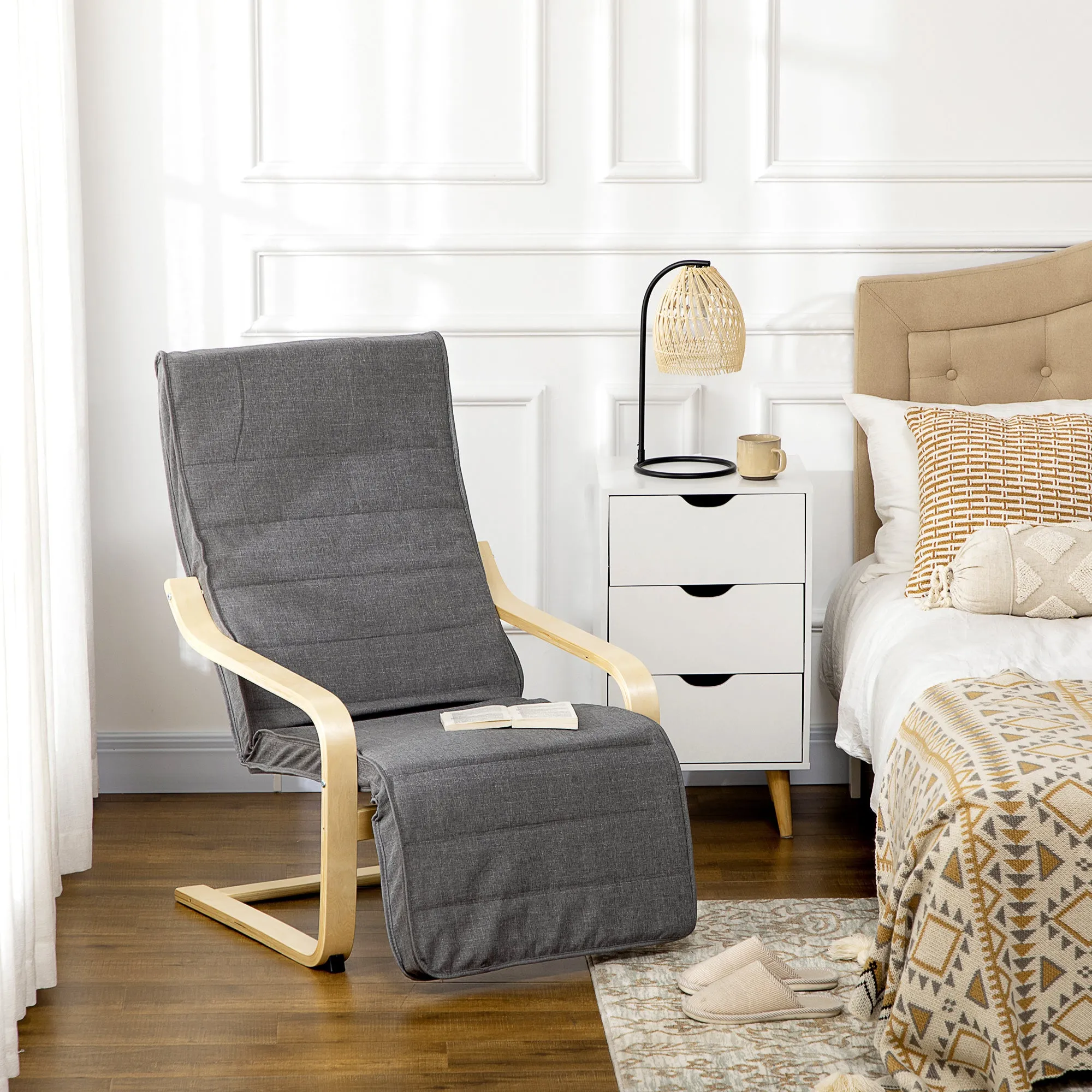 Relaxing Chair with 5-Level Footrest and Headrest in Birch Wood and Fabric, Grey - Image 2