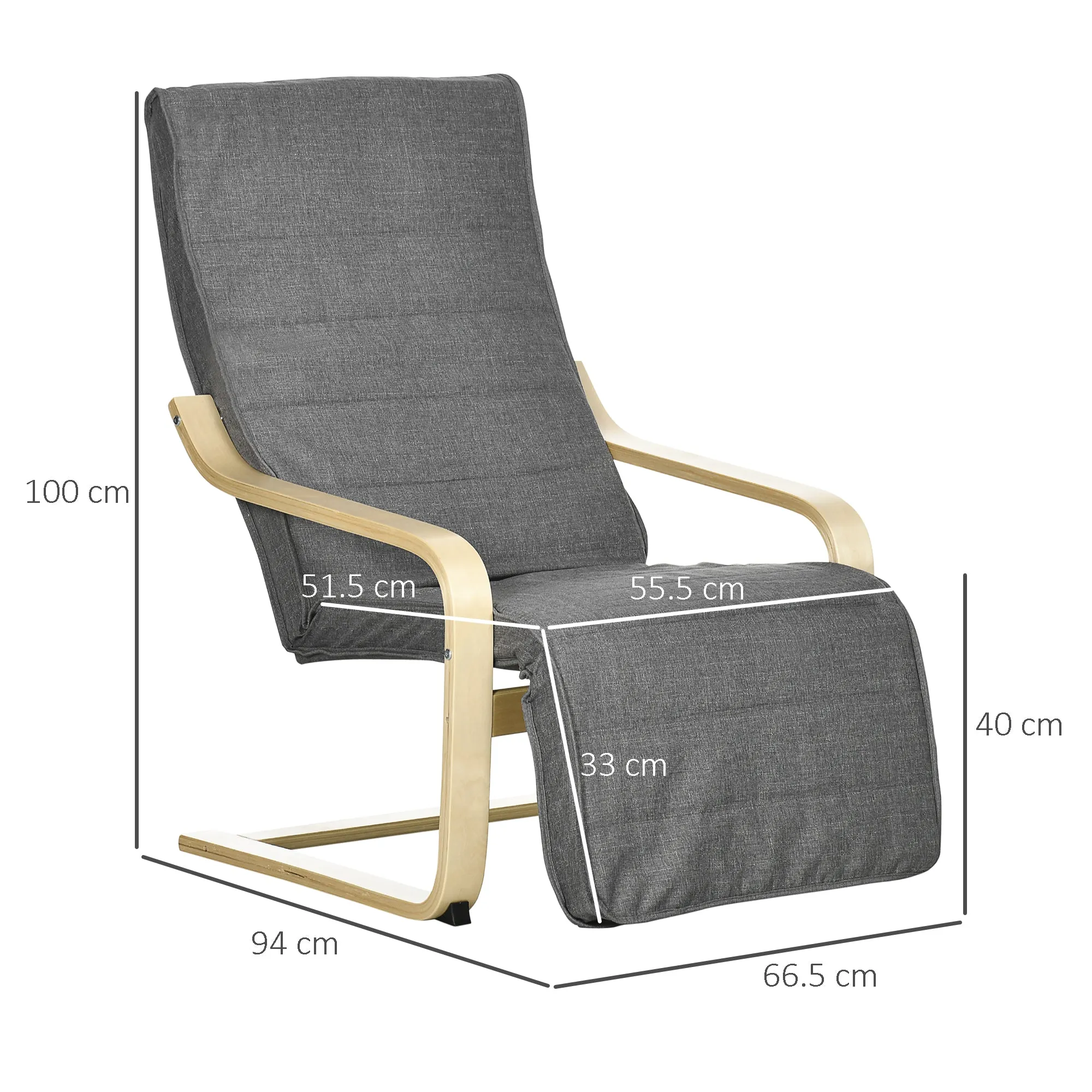 Relaxing Chair with 5-Level Footrest and Headrest in Birch Wood and Fabric, Grey - Image 3