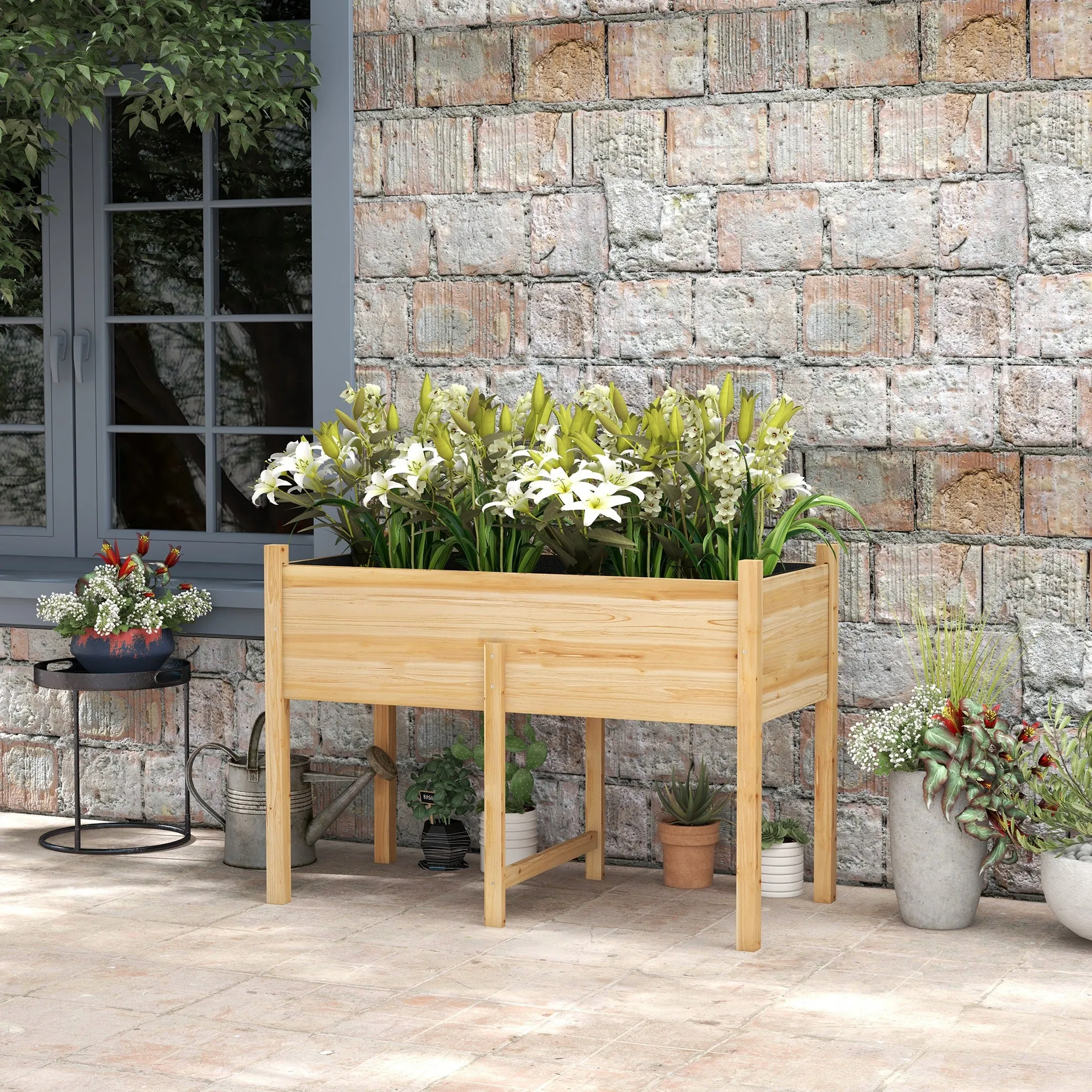 Raised Garden with 2 Drainage Holes and Non-Woven Fabric Bag, Made of Fir Wood, 115x55x80 cm - Image 2