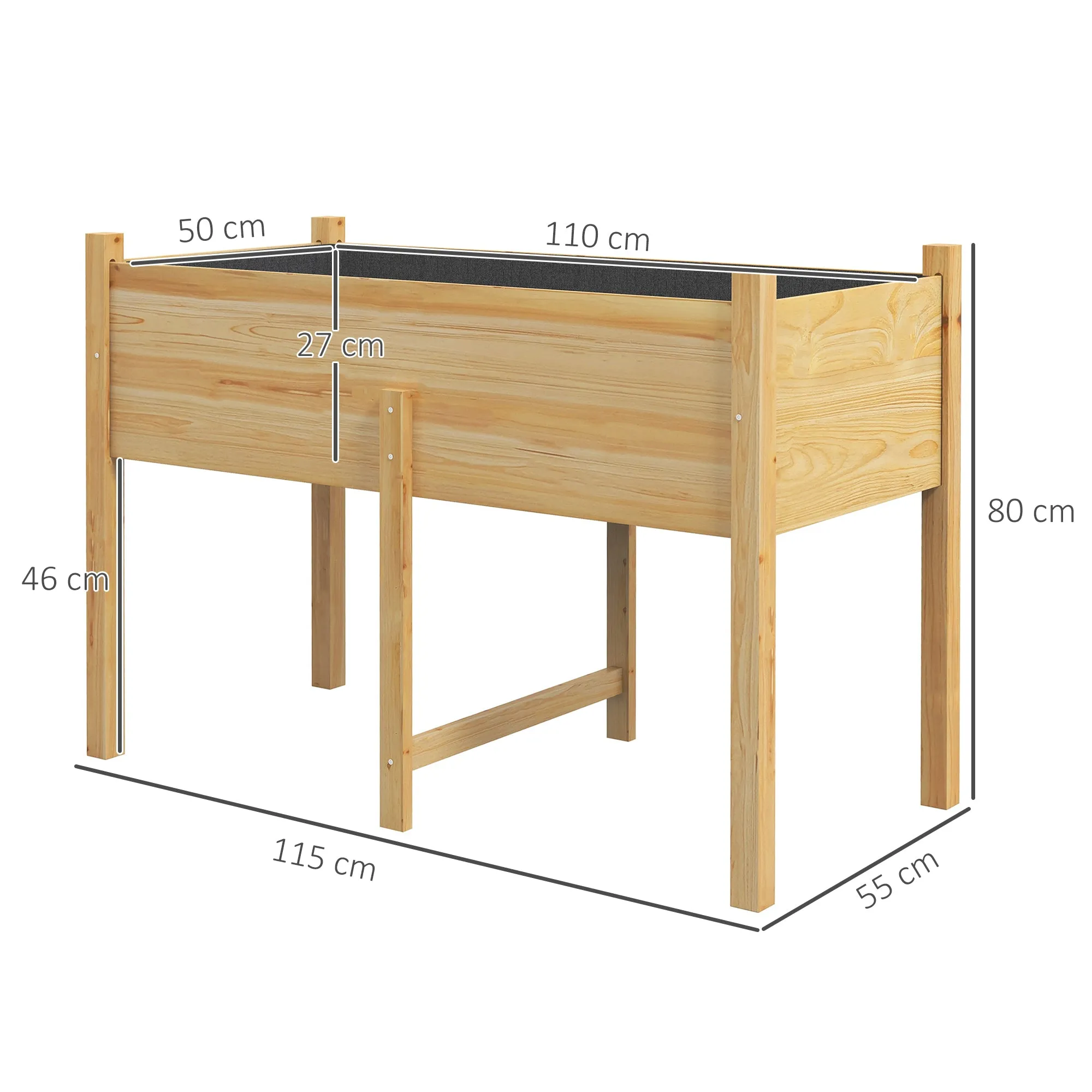Raised Garden with 2 Drainage Holes and Non-Woven Fabric Bag, Made of Fir Wood, 115x55x80 cm - Image 3