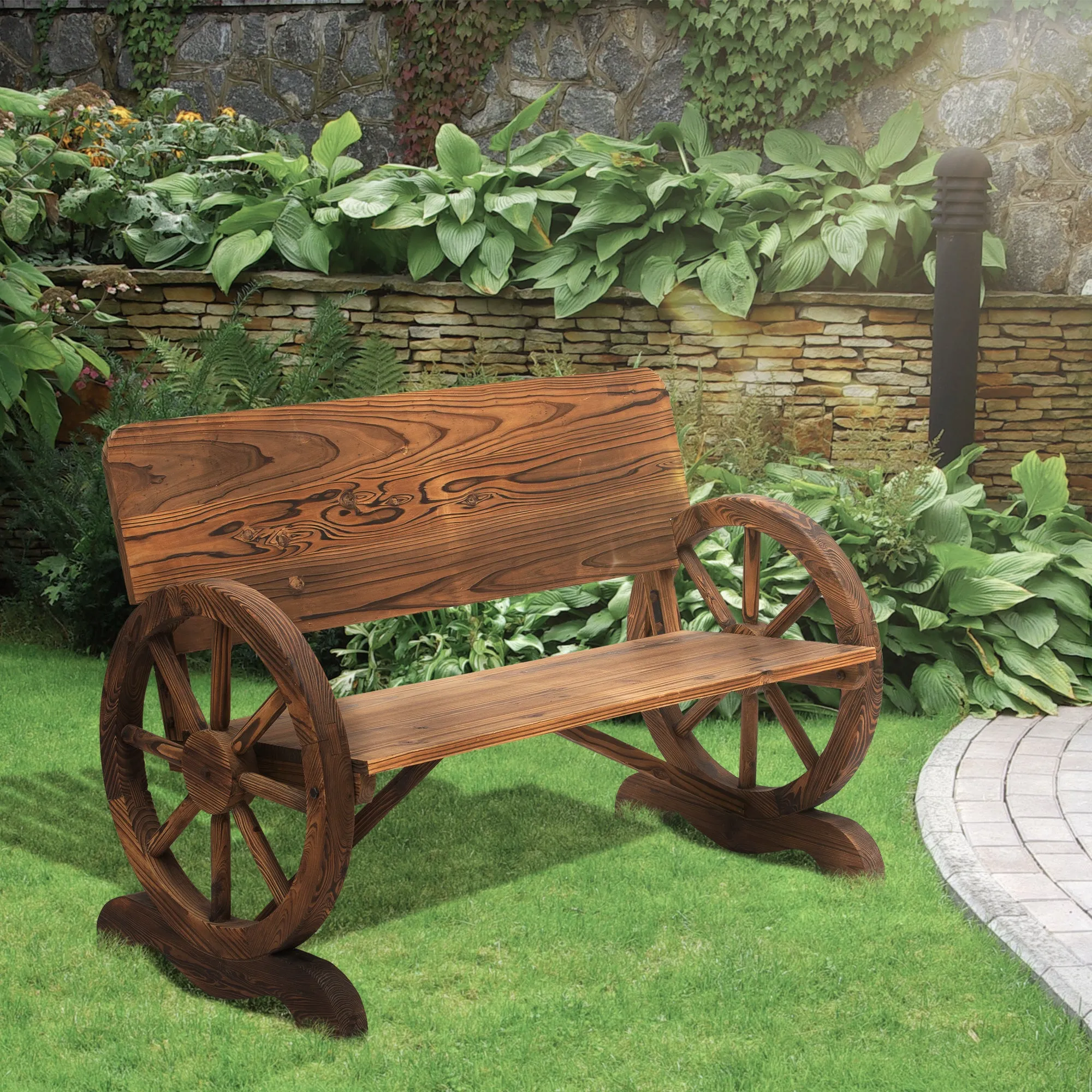 2-Seater Garden Bench with High Backrest, Fir Wood, 114x58x80 cm, Brown - Image 2